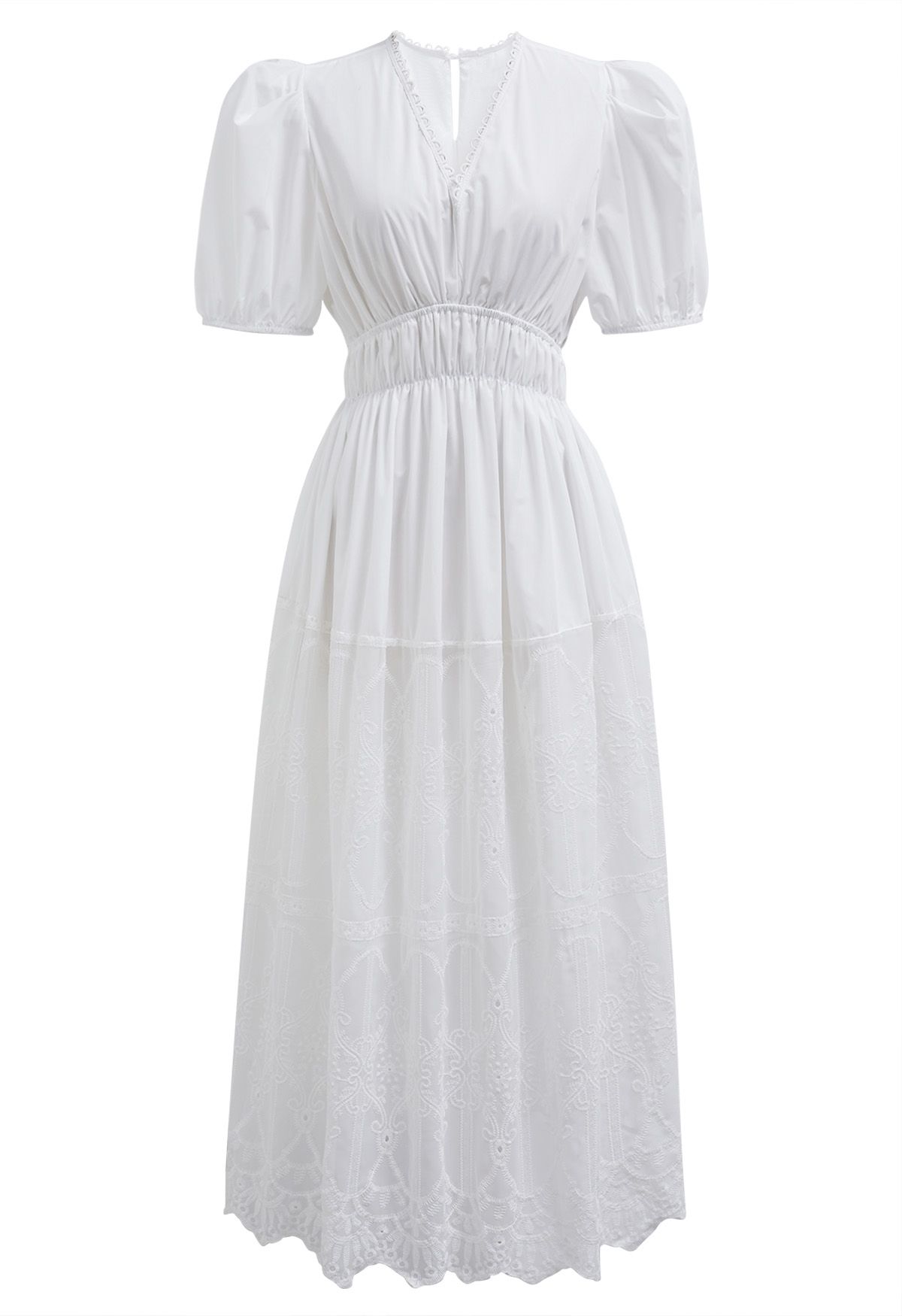 Embroidery Spliced V-Neck Puff Short Sleeves Dress in White