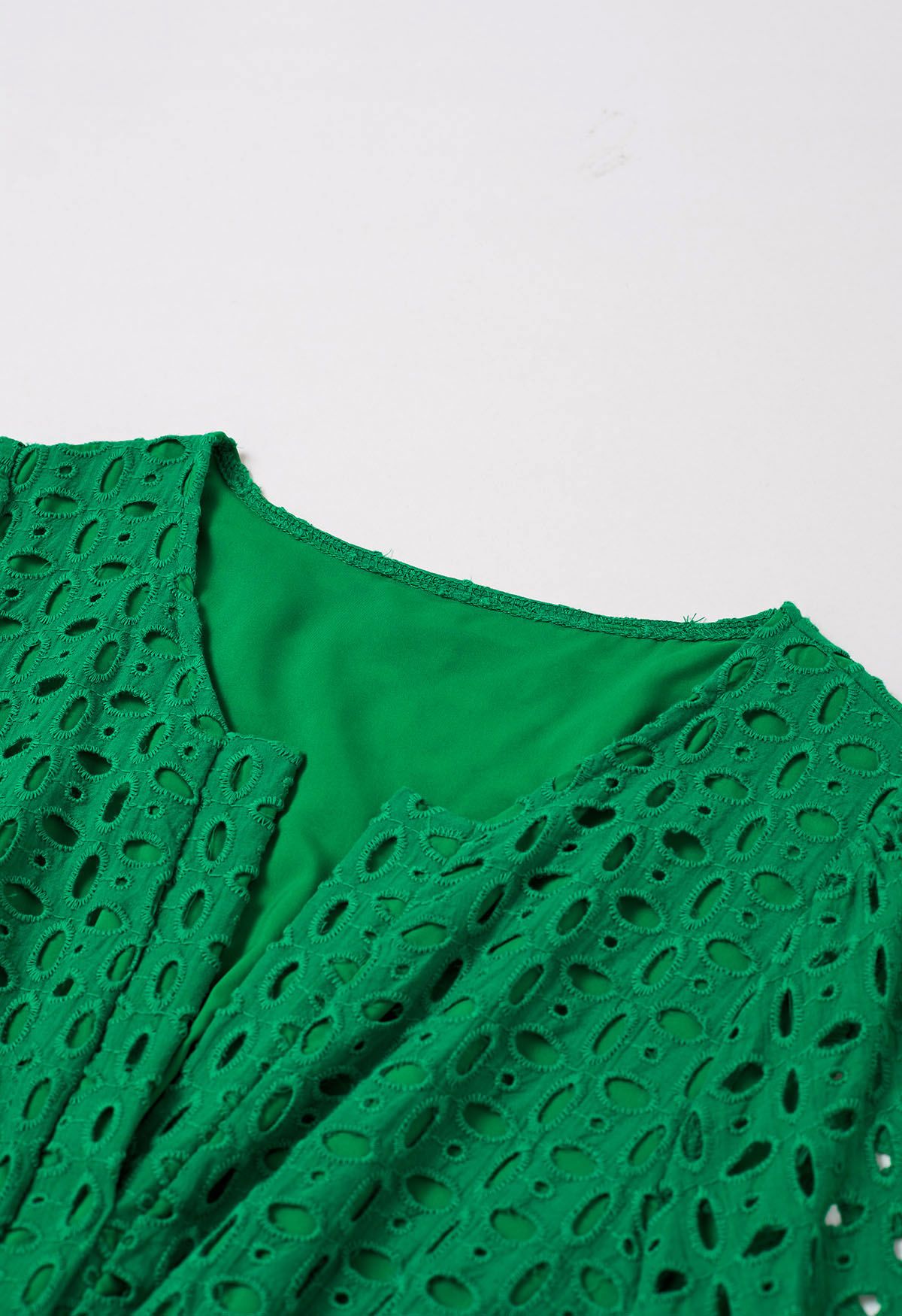 Eyelet Embroidery V-Neck Cotton Dress in Green