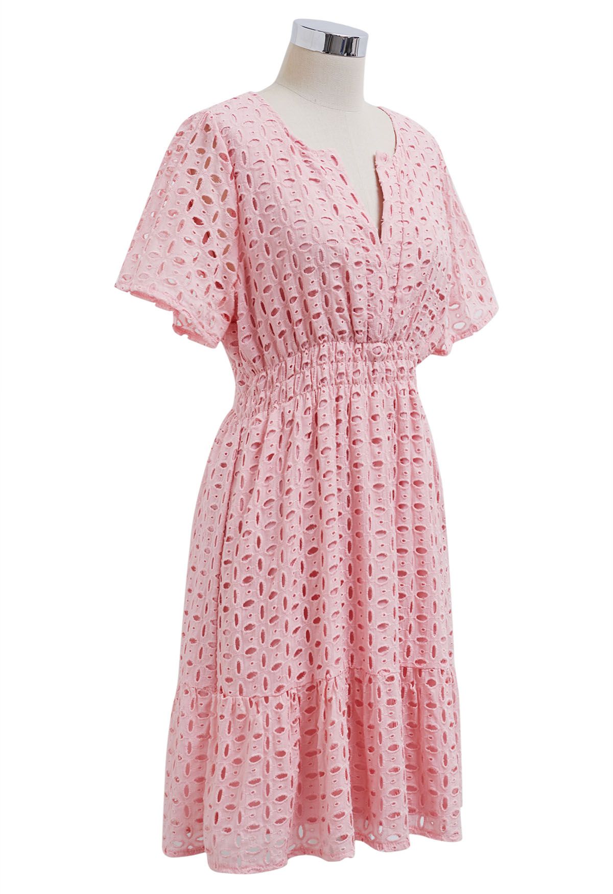 Eyelet Embroidery V-Neck Cotton Dress in Pink