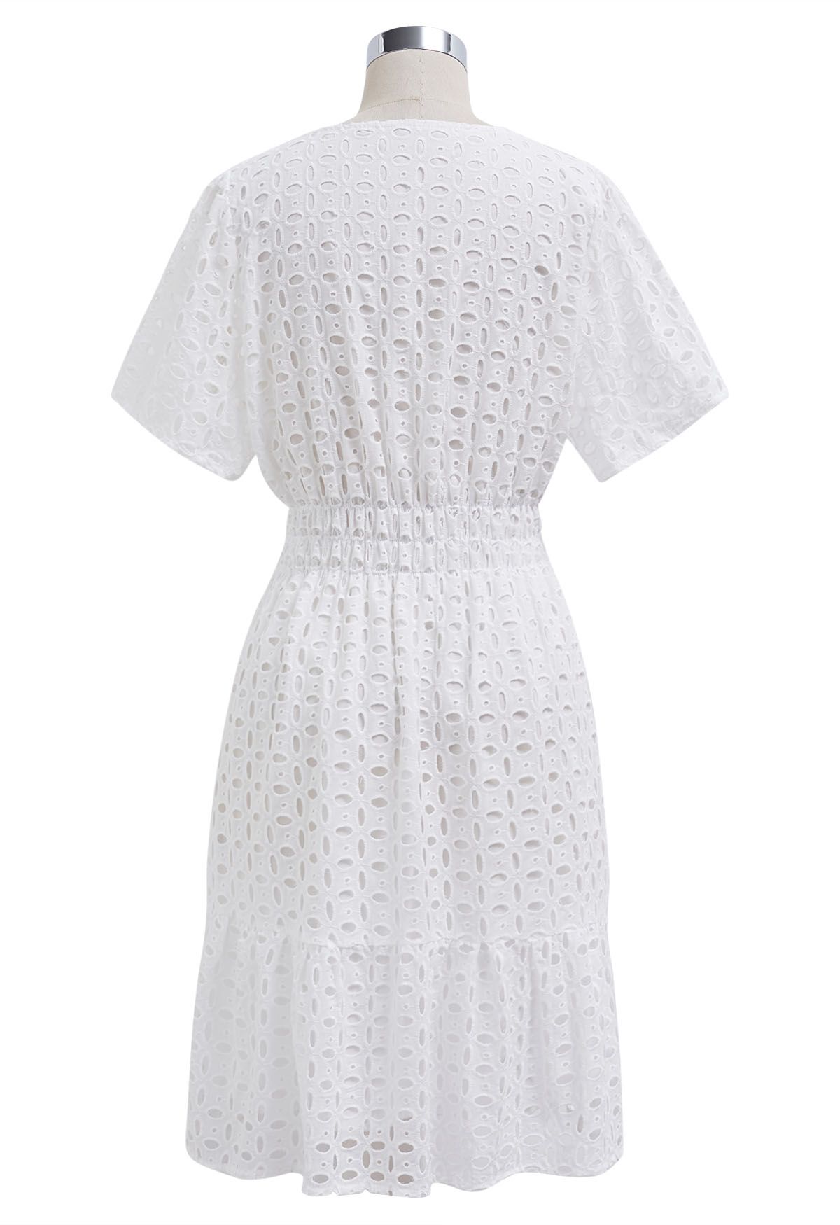 Eyelet Embroidery V-Neck Cotton Dress in White