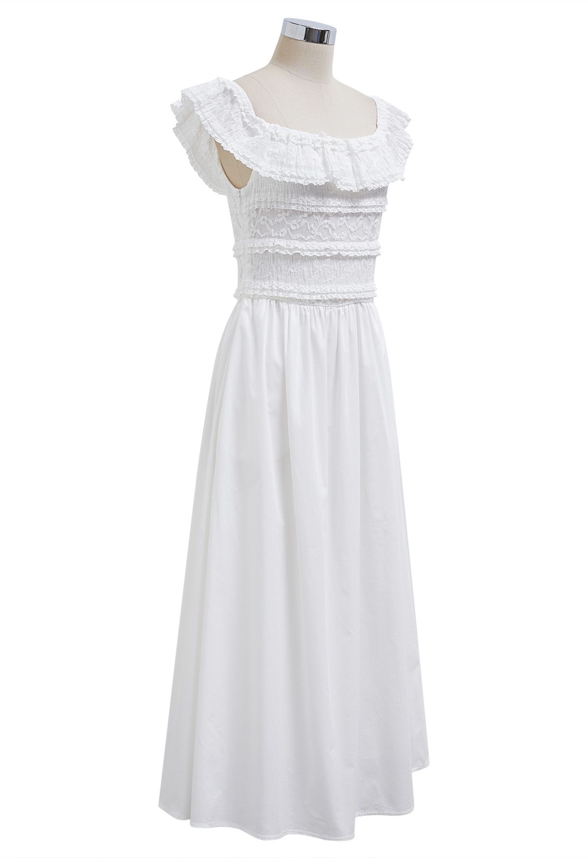 Tiered Lace Off-Shoulder Spliced Dress in White