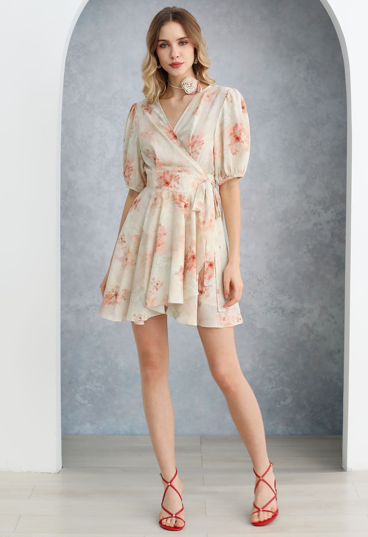 Watercolor Coral Floral Wrap Mini Dress with Choker