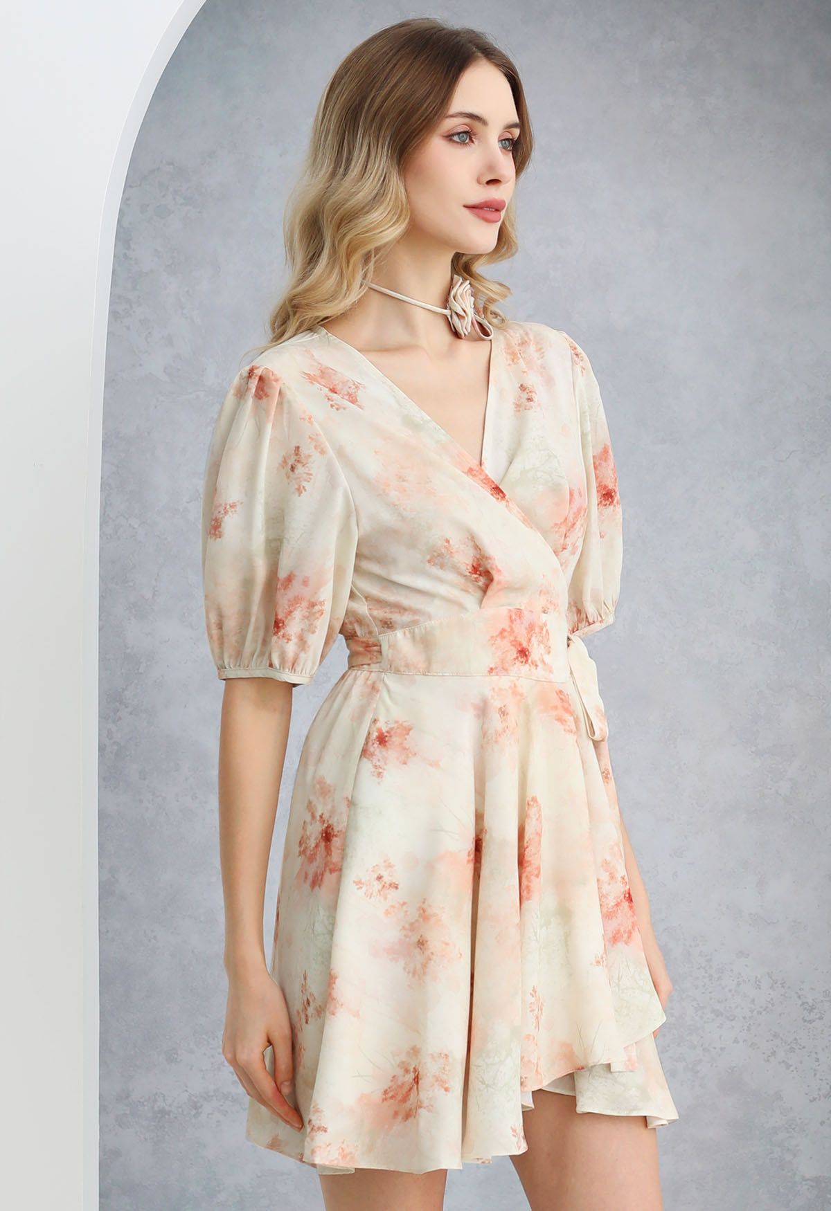 Watercolor Coral Floral Wrap Mini Dress with Choker