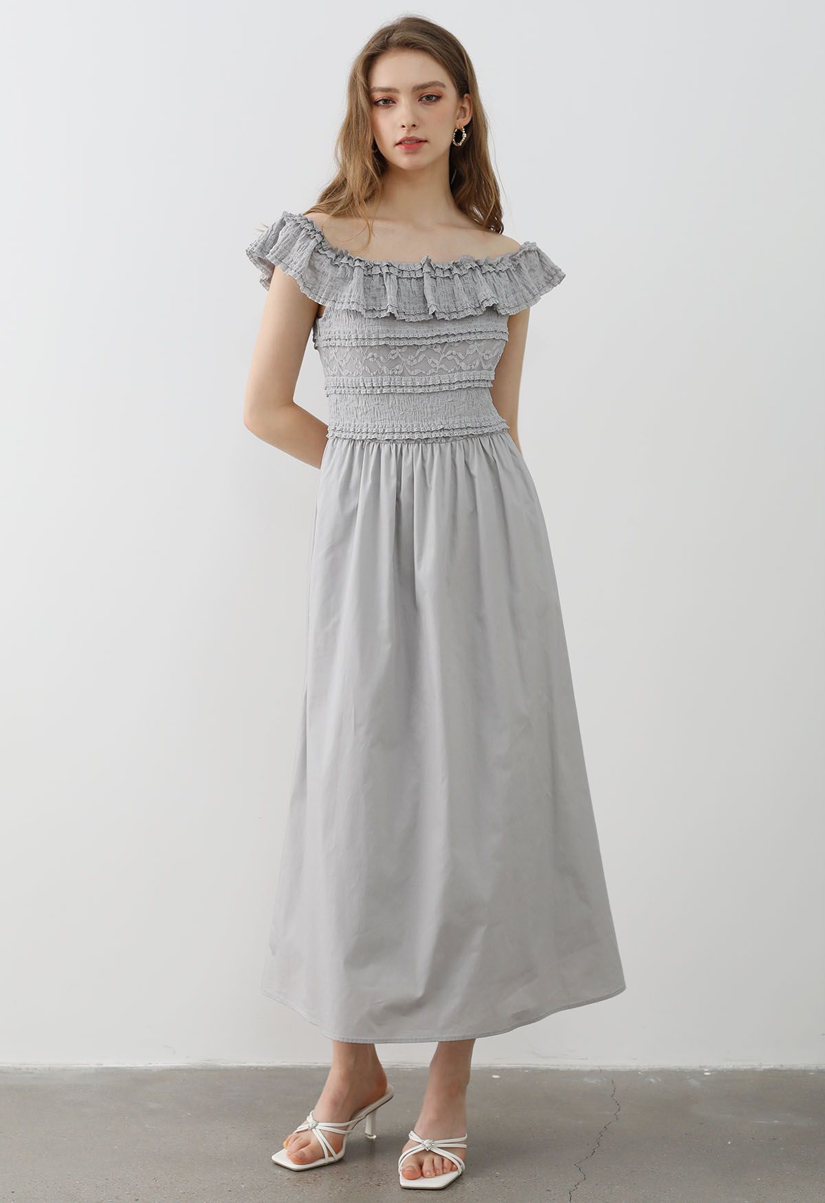 Tiered Lace Off-Shoulder Spliced Dress in Grey