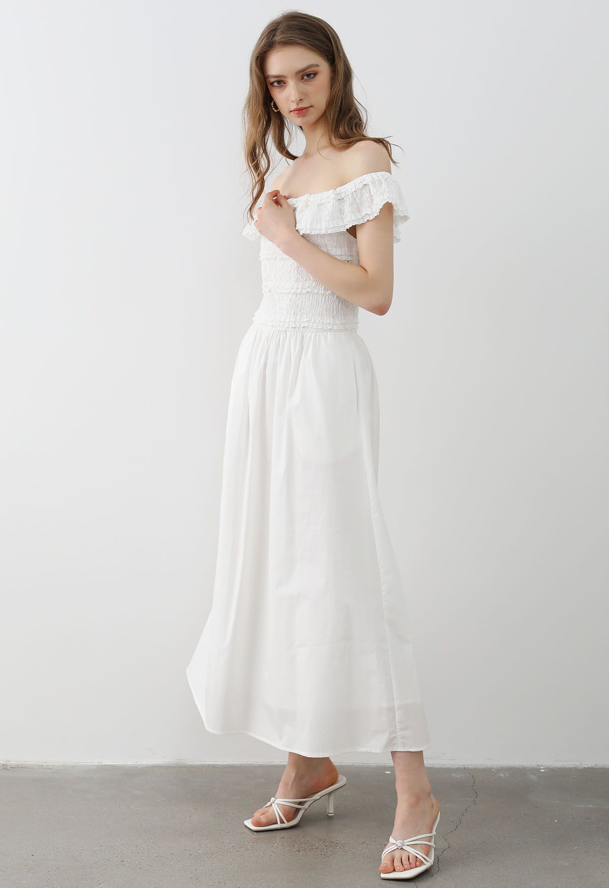 Tiered Lace Off-Shoulder Spliced Dress in White