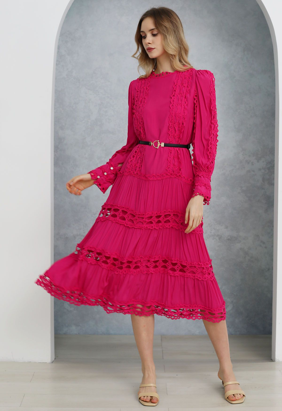 Belted Cutwork Lace Trim Bubble Sleeve Midi Dress in Magenta