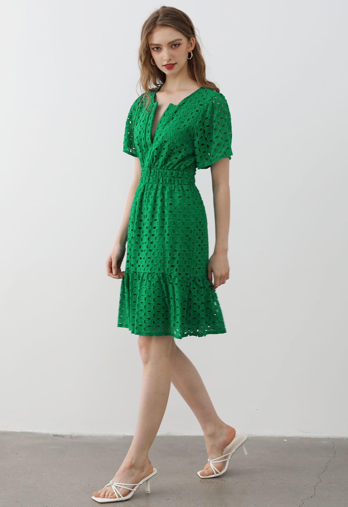 Eyelet Embroidery V-Neck Cotton Dress in Green