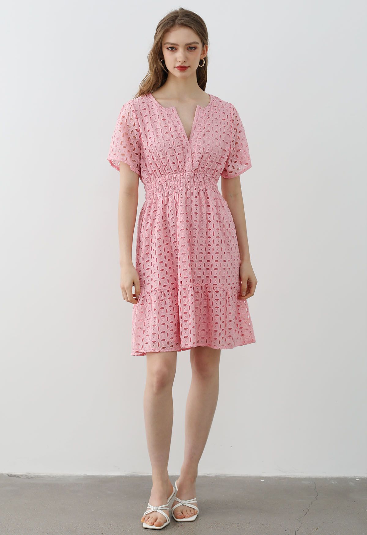 Eyelet Embroidery V-Neck Cotton Dress in Pink