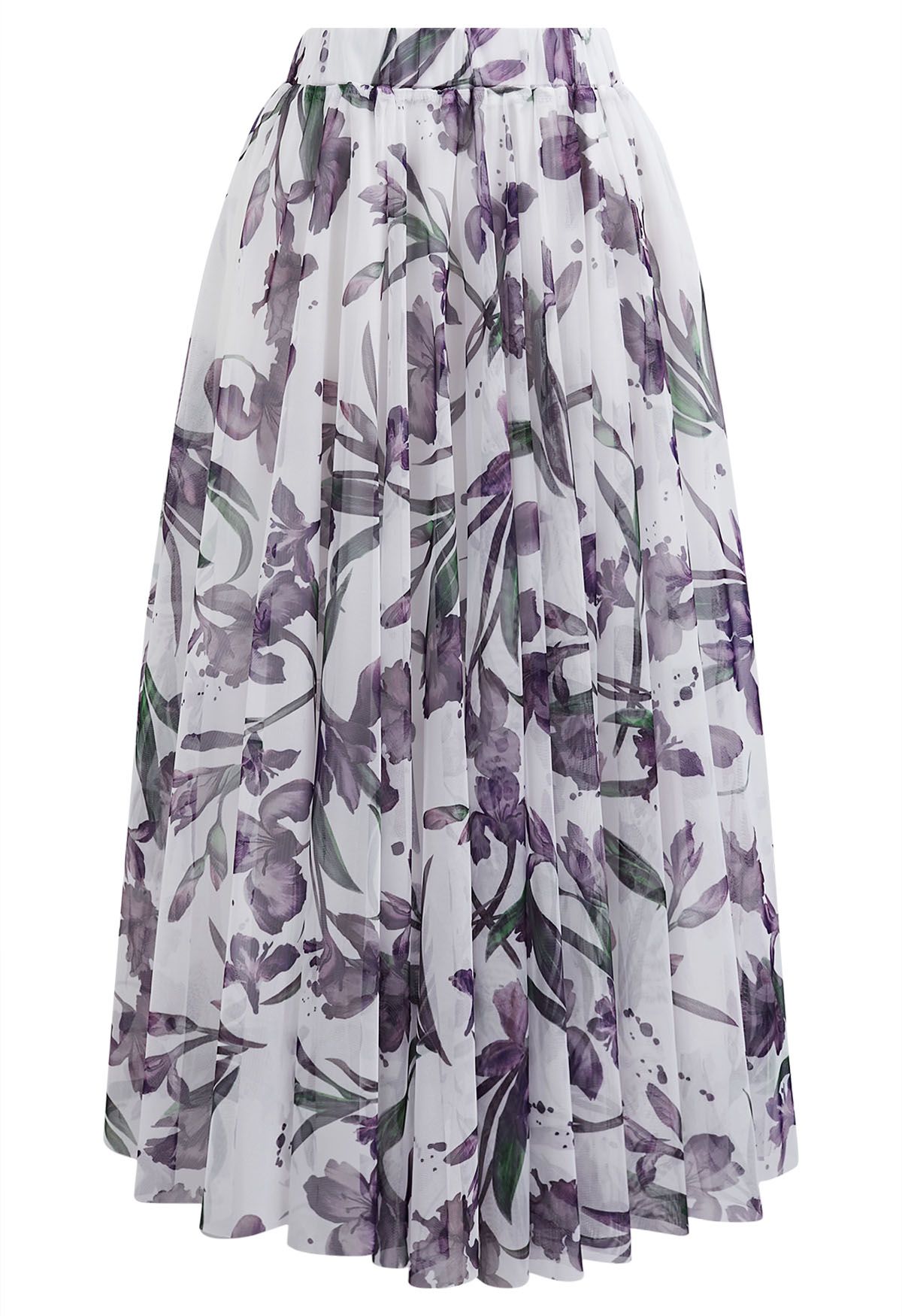 Purple Floral Printed Mesh Tulle Midi Skirt