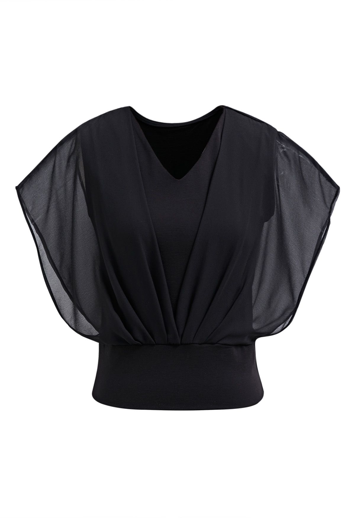 Flowy Chiffon Spliced V-Neck Crop Top in Black