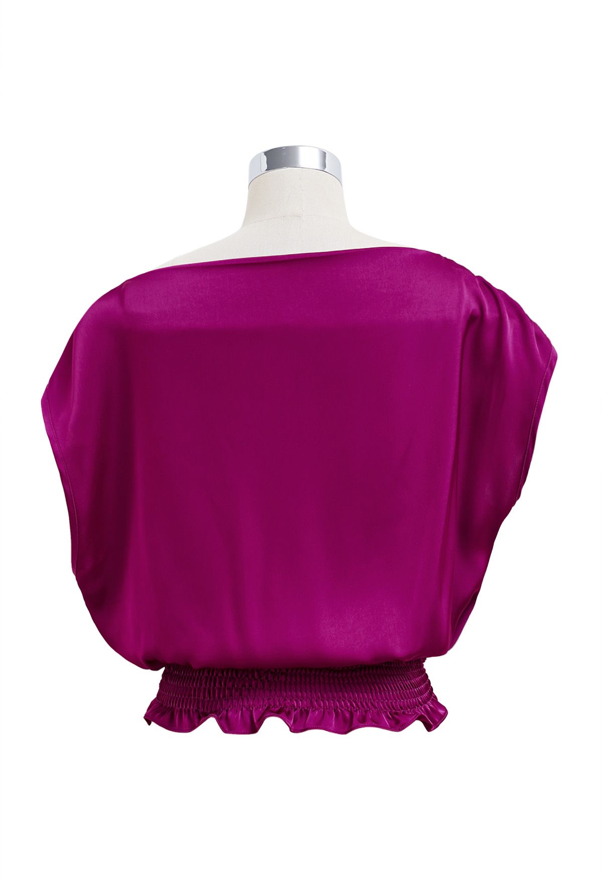 One-Shoulder Shirred Back Satin Top in Magenta