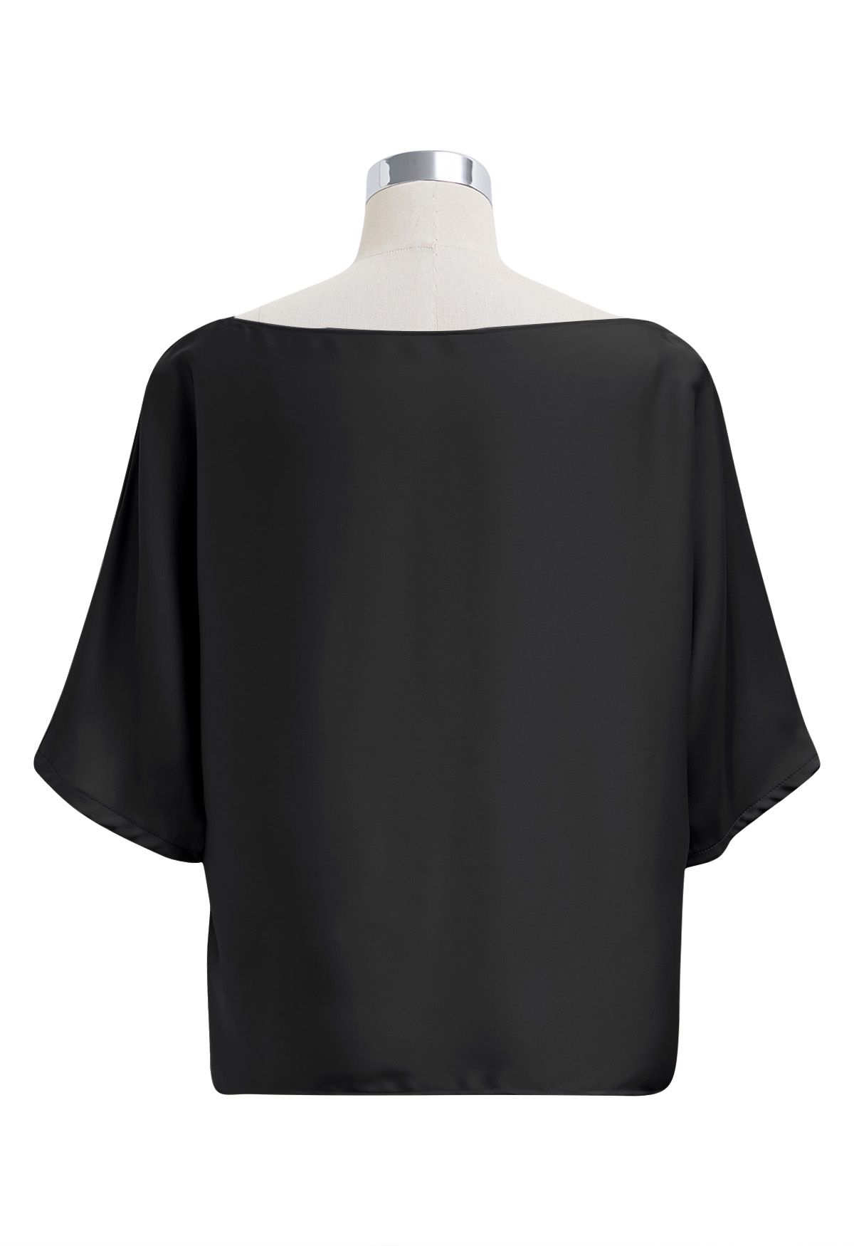 Boat Neck Tie-Waist Satin Top in Black