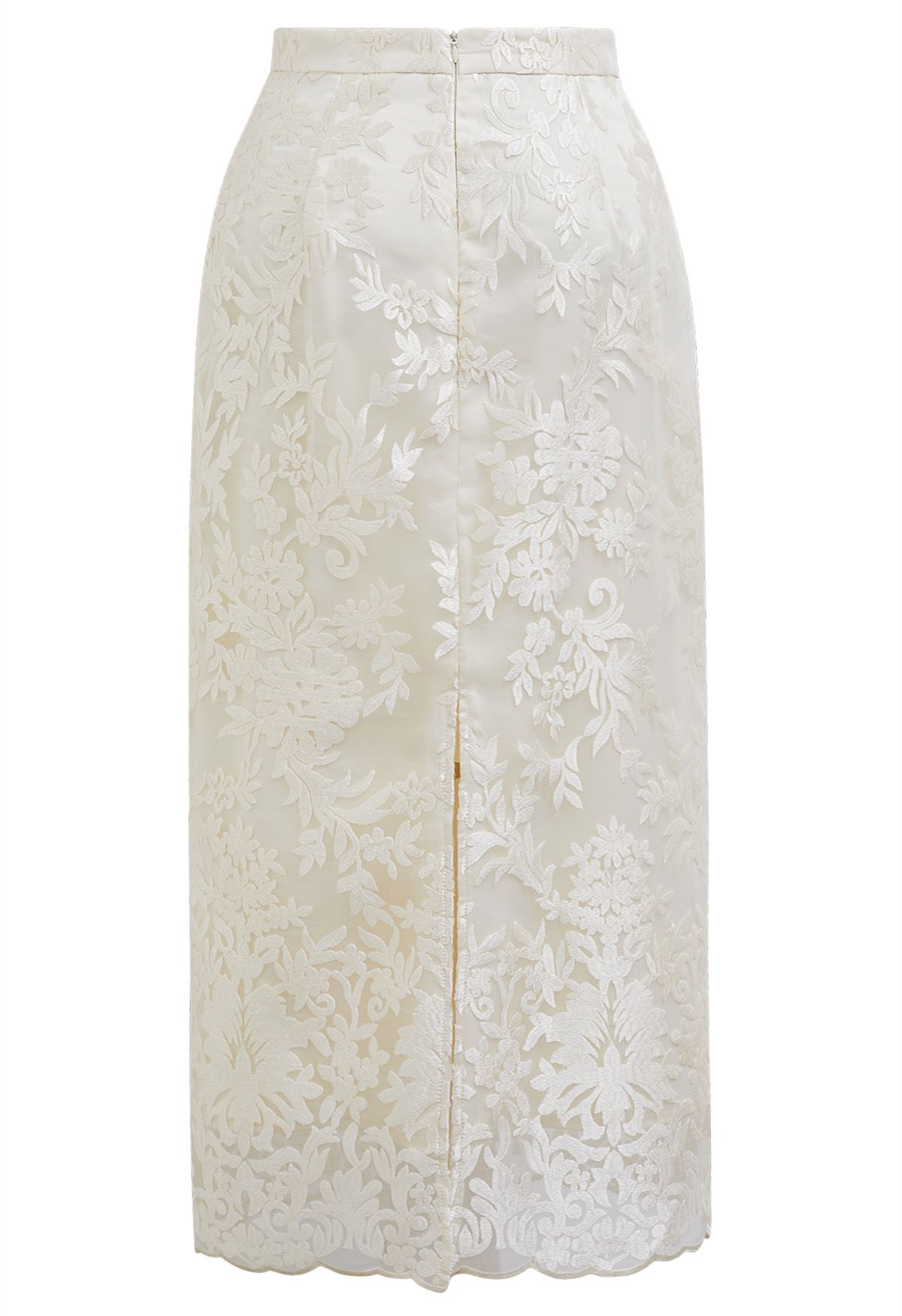 Embroidered Floral Slit Back Midi Skirt in Cream