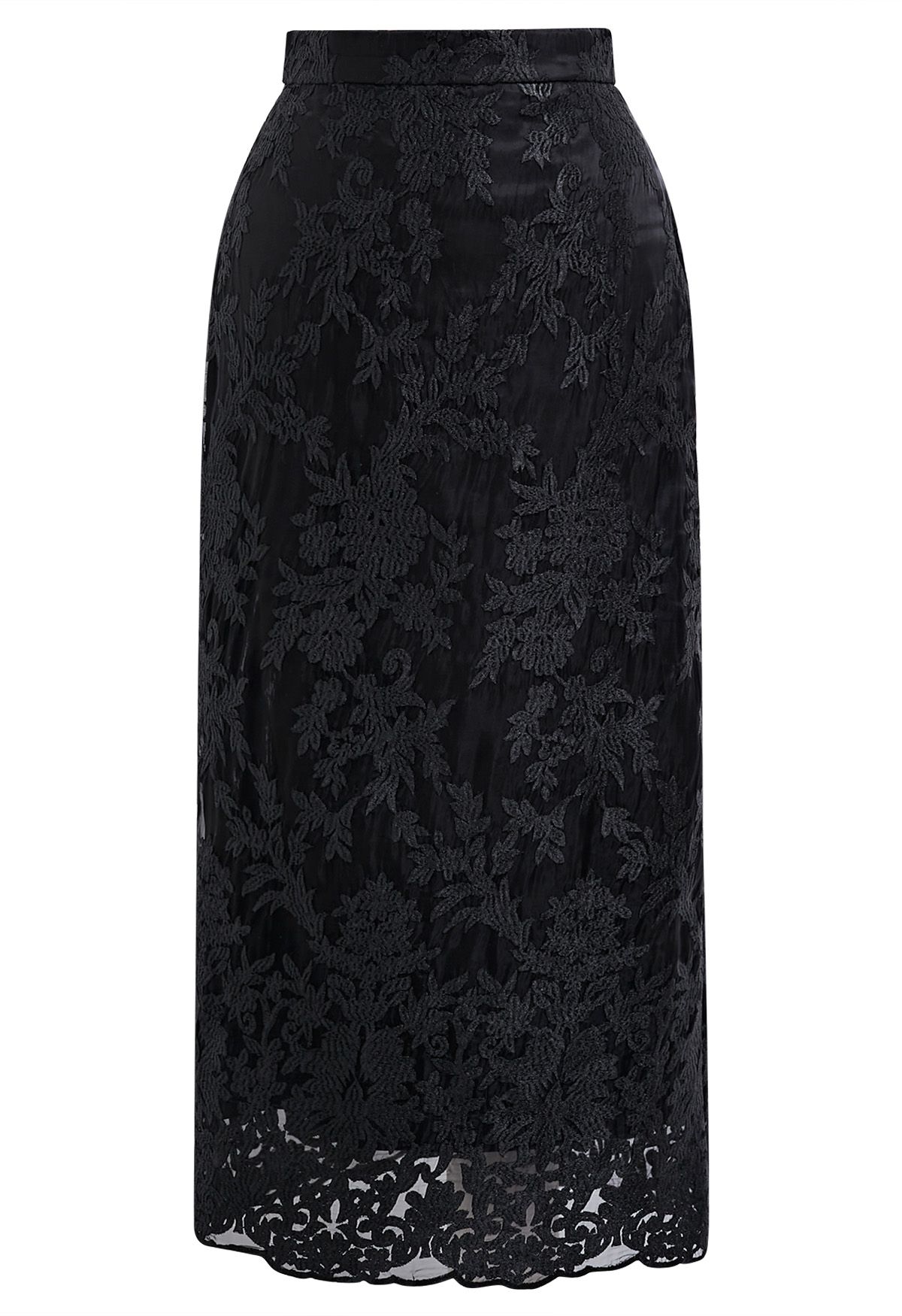 Embroidered Floral Slit Back Midi Skirt in Black