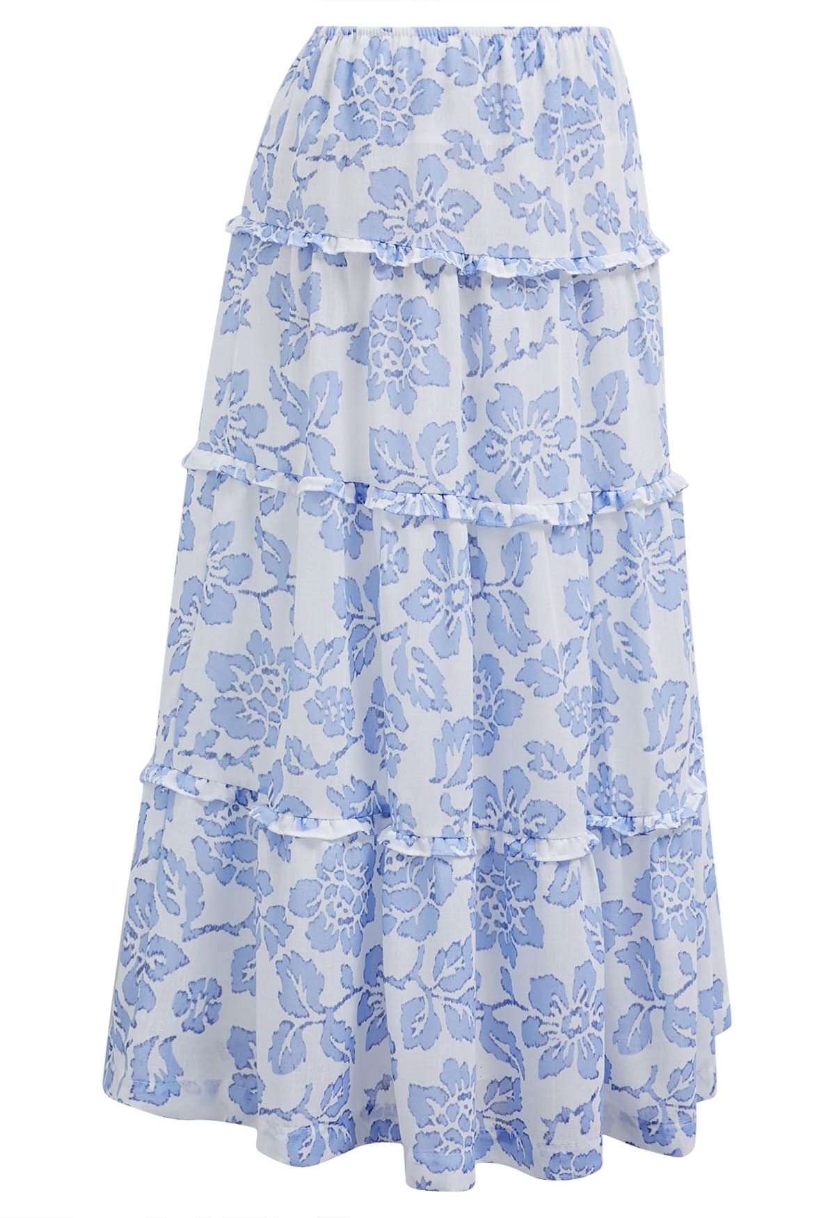 Sunny Blooms Ruffle Trim A-Line Skirt in Blue