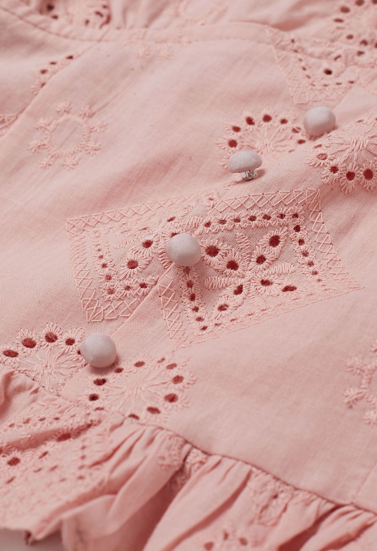 V-Neck Button Trim Eyelet Crop Top in Pink