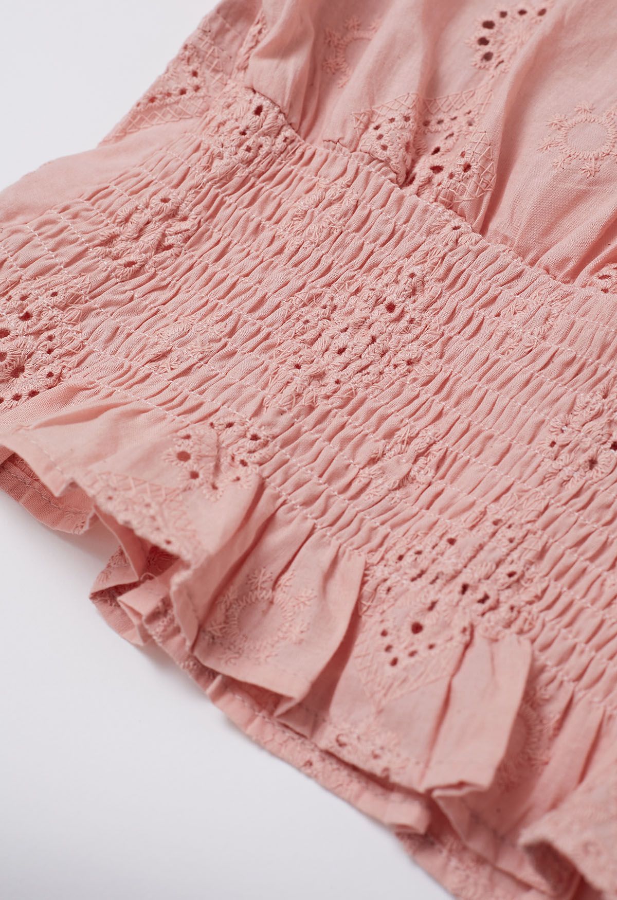 V-Neck Button Trim Eyelet Crop Top in Pink