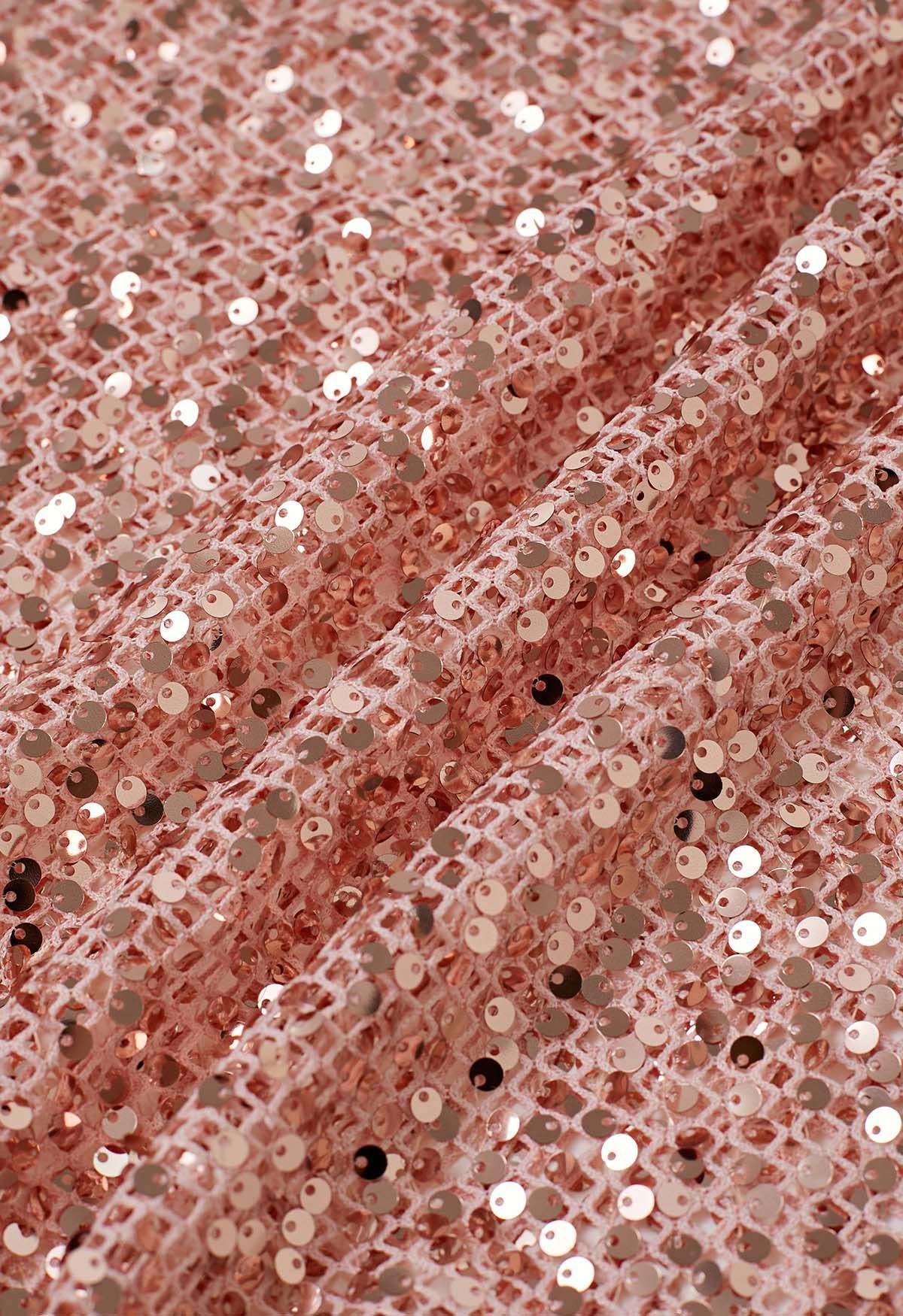 Dazzling Sequin Fishnet Short Sleeve Top in Pink
