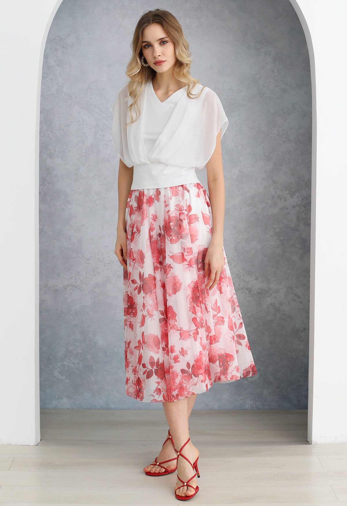 Flourishing Red Floral Mesh Tulle Midi Skirt