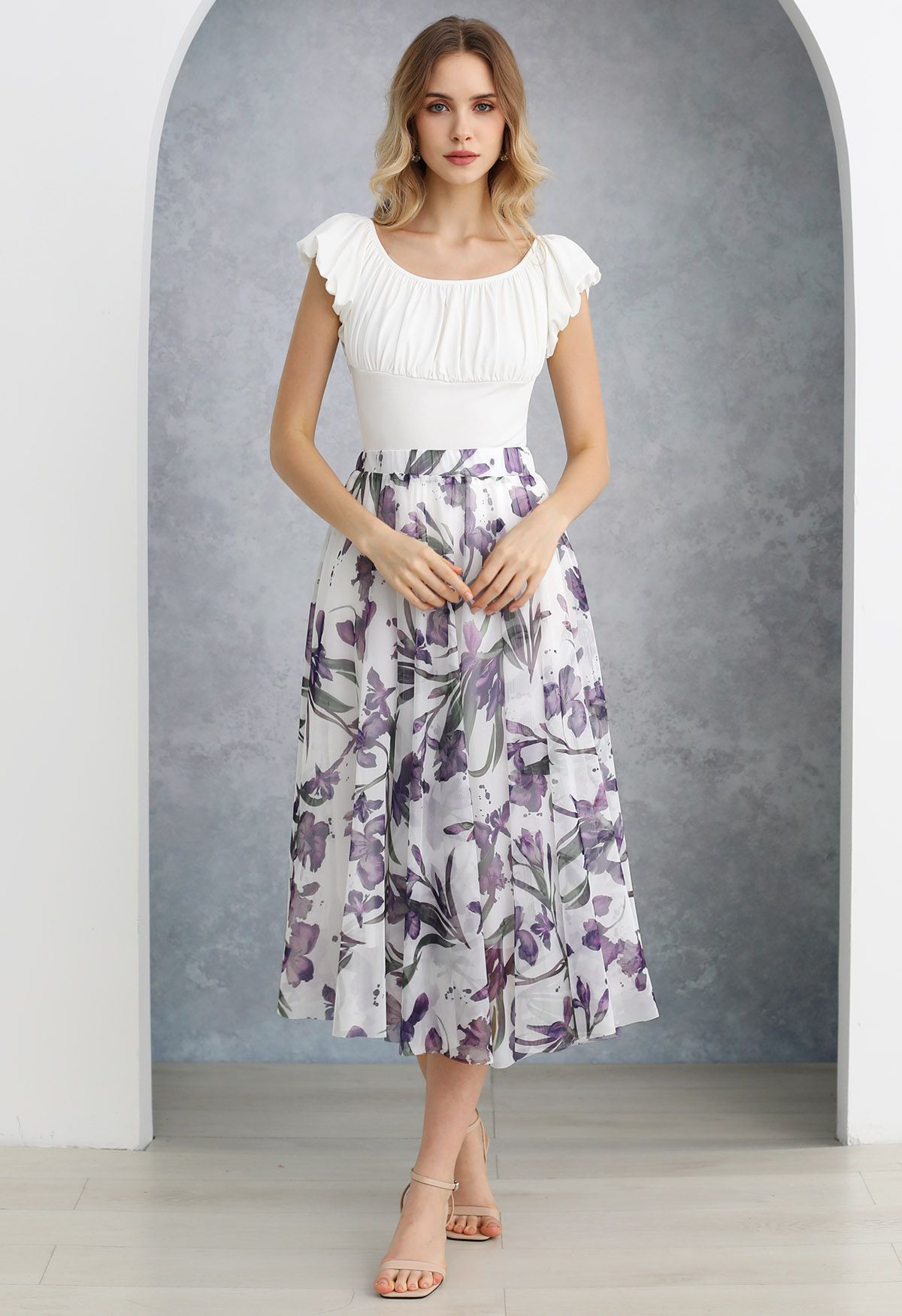 Purple Floral Printed Mesh Tulle Midi Skirt