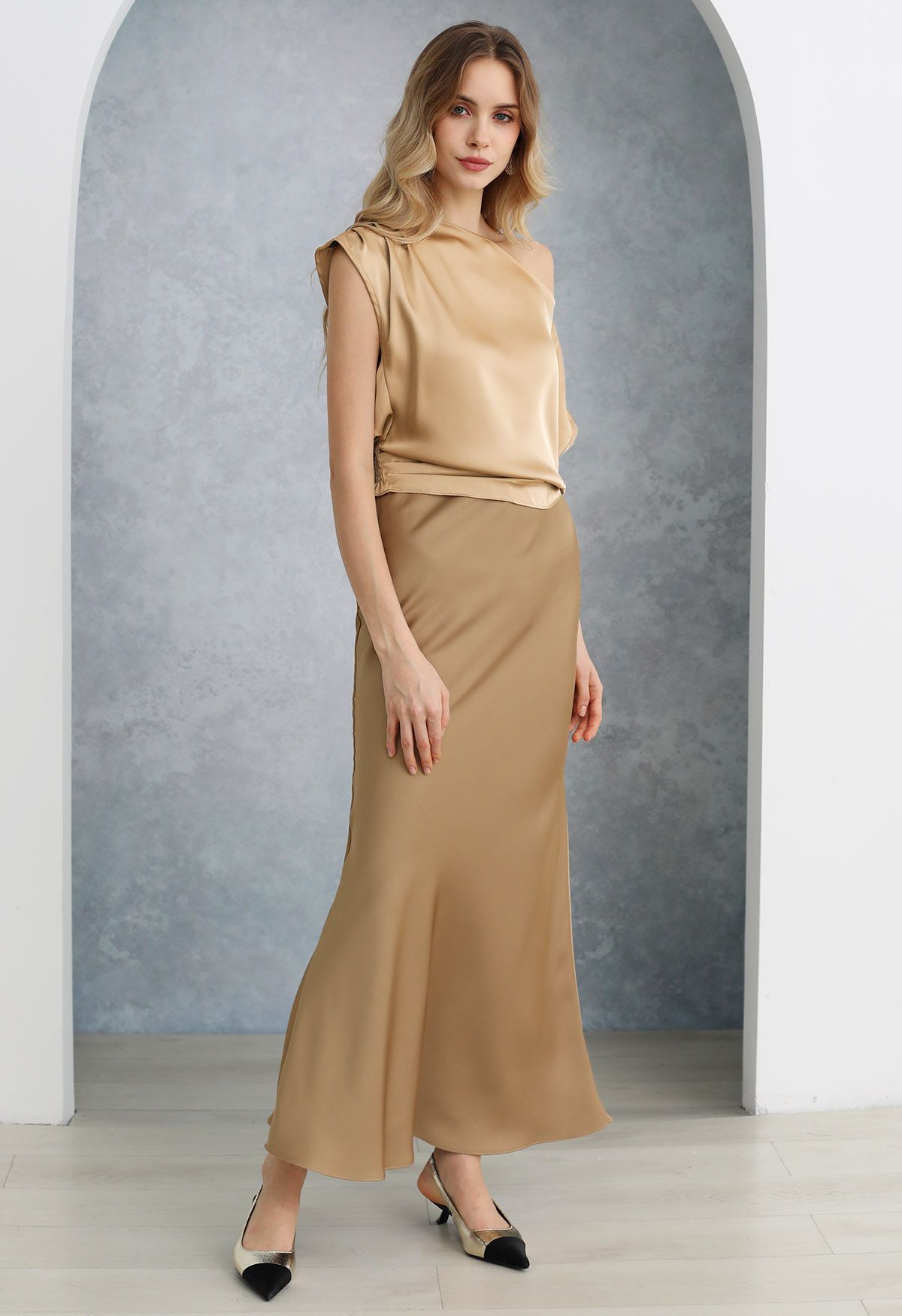 One-Shoulder Shirred Back Satin Top in Gold