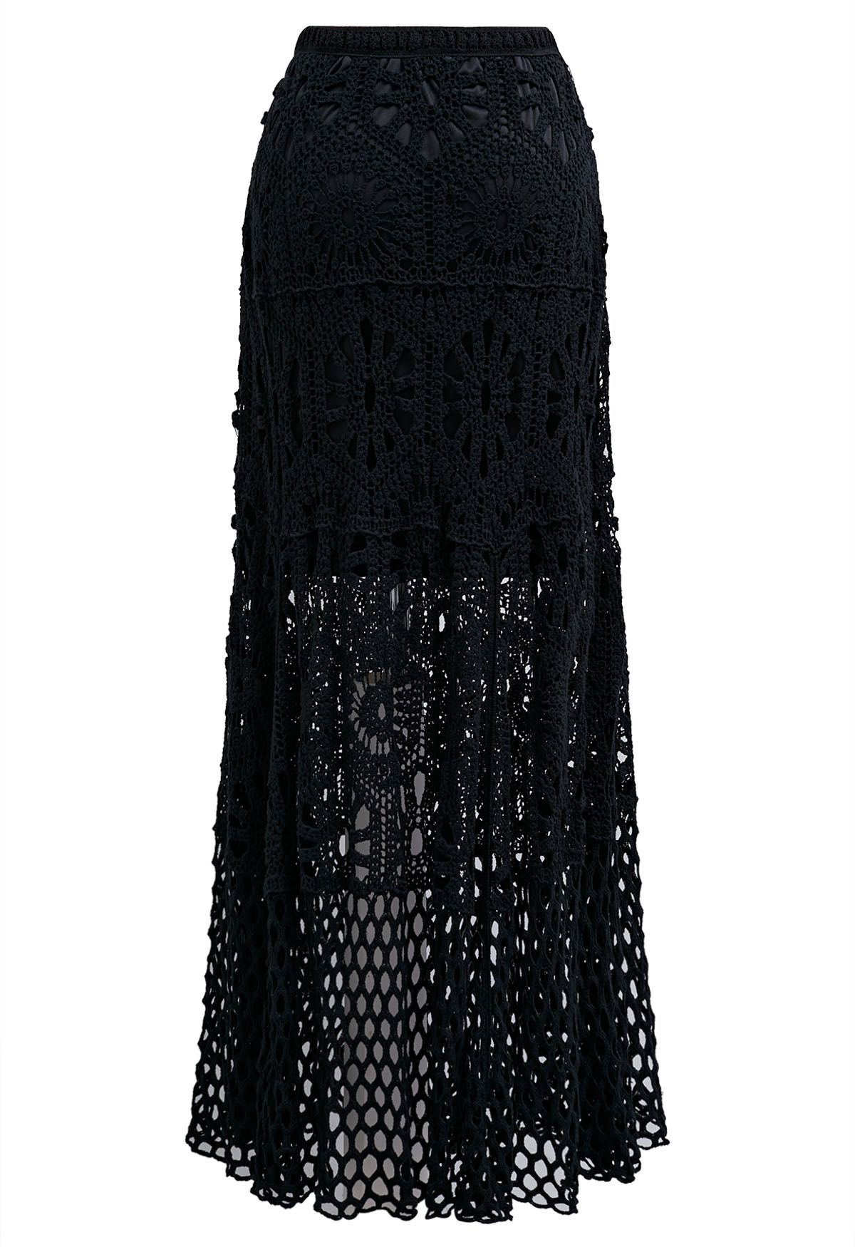 Bohemian Cutwork Crochet Maxi Skirt in Black