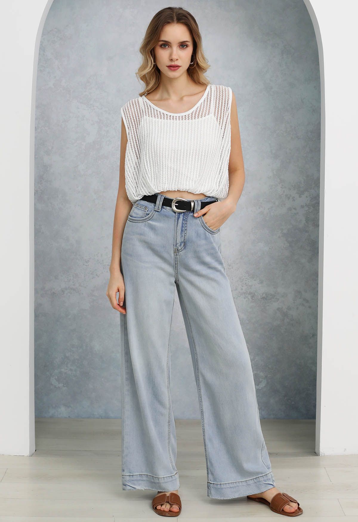 Light Blue Straight-Leg Belted Jeans 