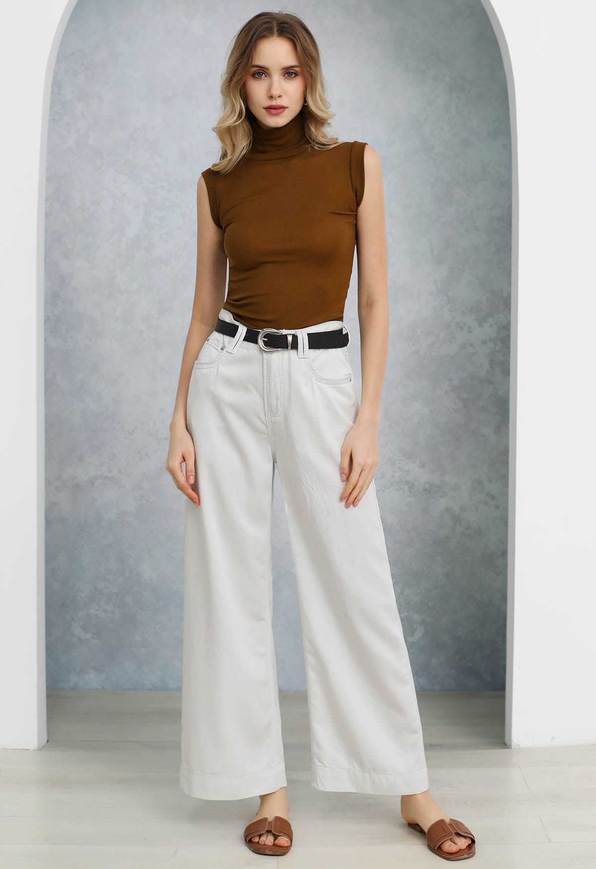 Shimmery White Straight-Leg Belted Jeans