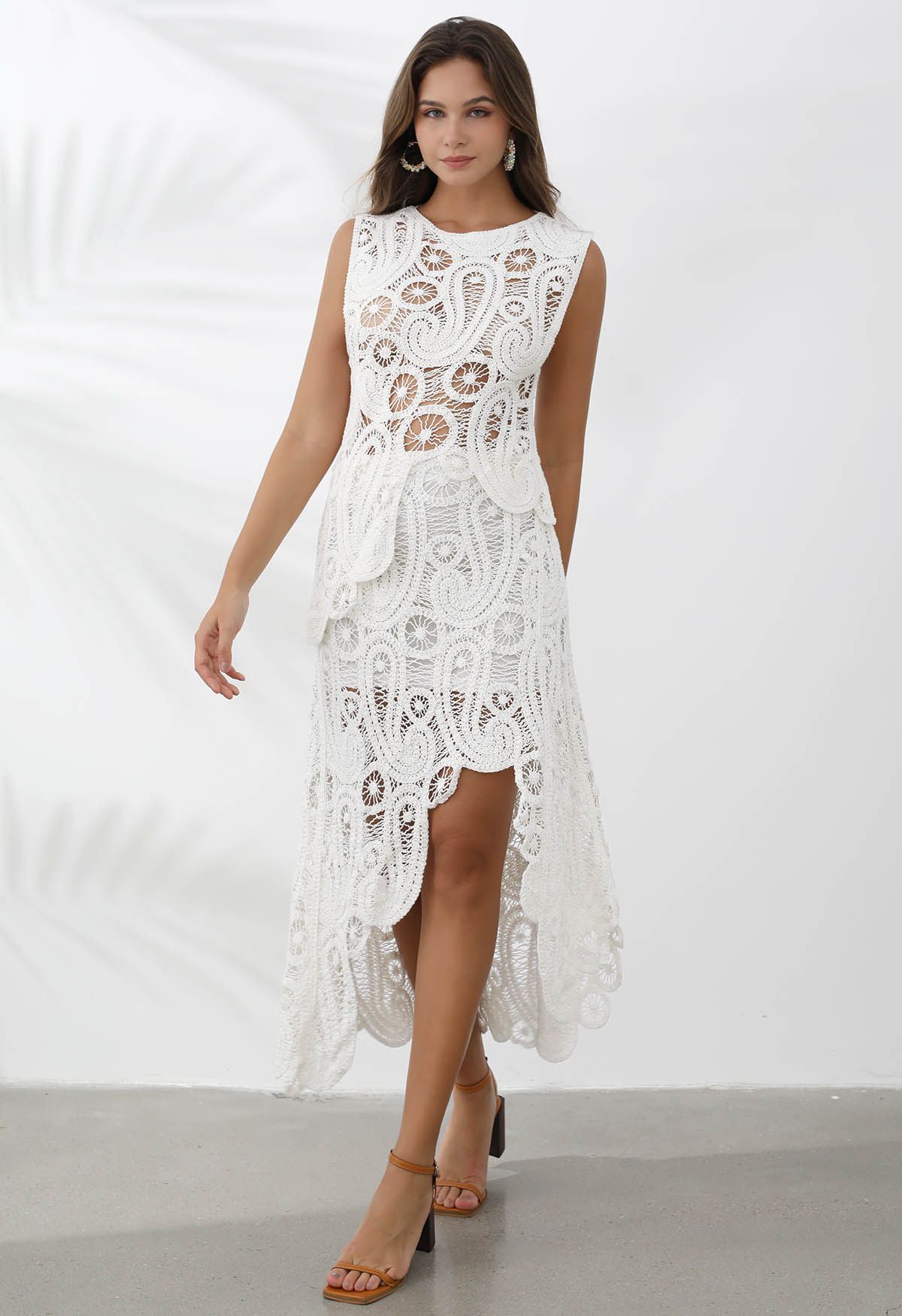 Paisley Cutwork Lace Asymmetric Sleeveless Top