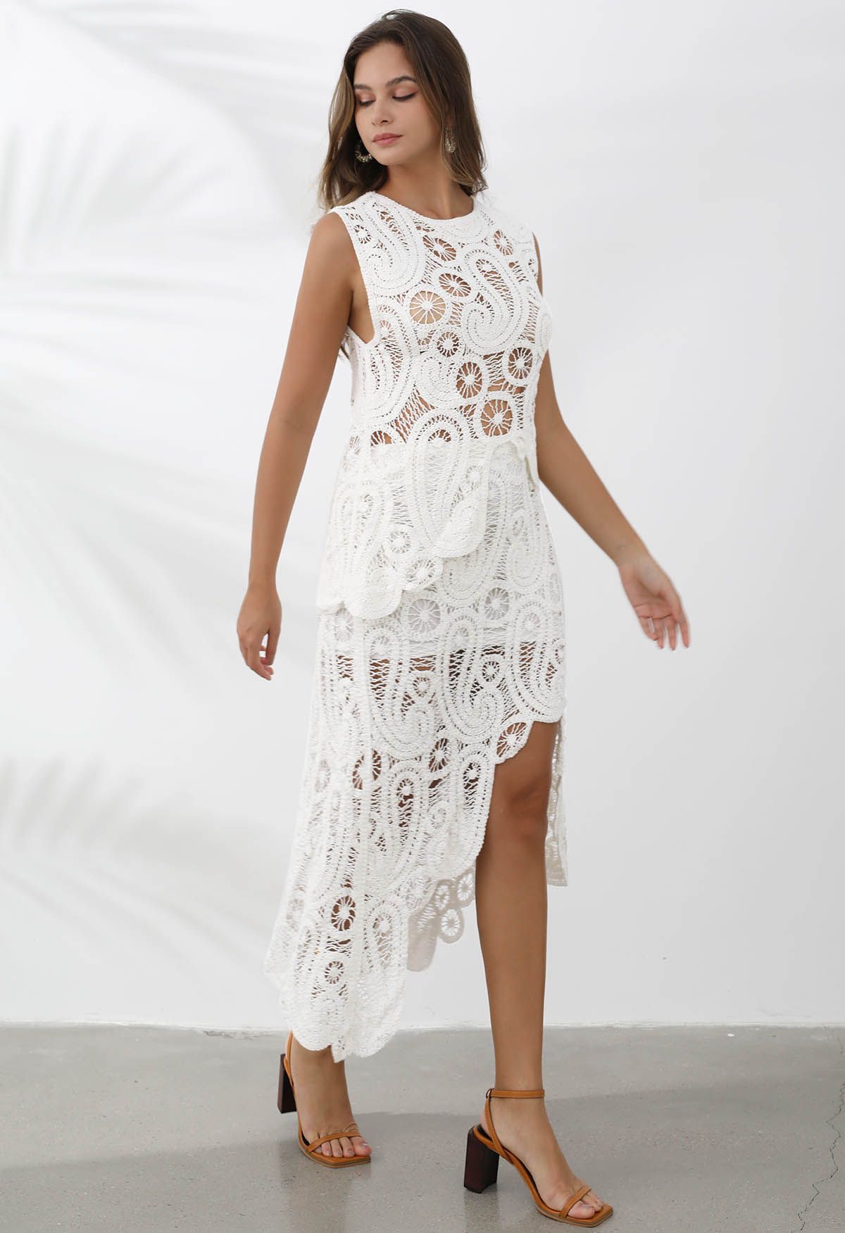 Paisley Cutwork Lace Asymmetric Hemline Skirt