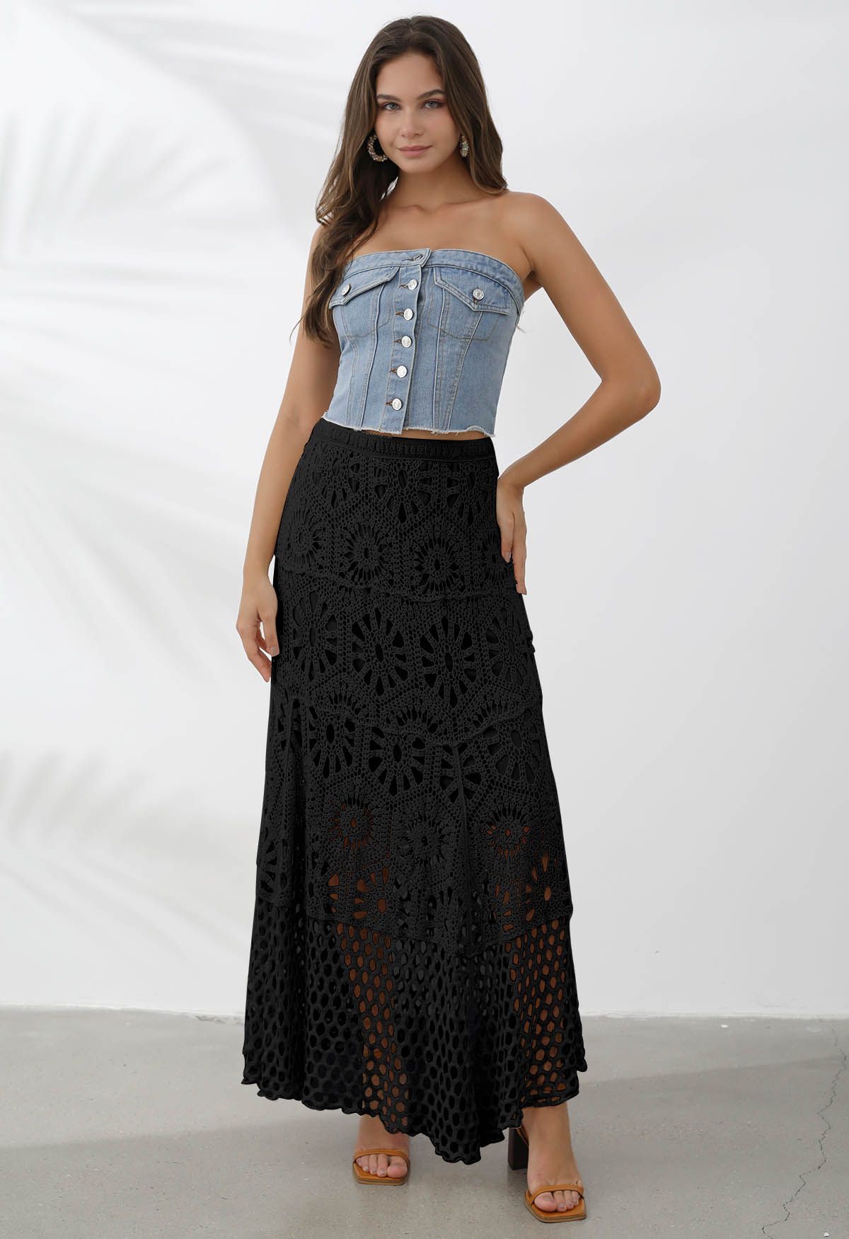 Bohemian Cutwork Crochet Maxi Skirt in Black