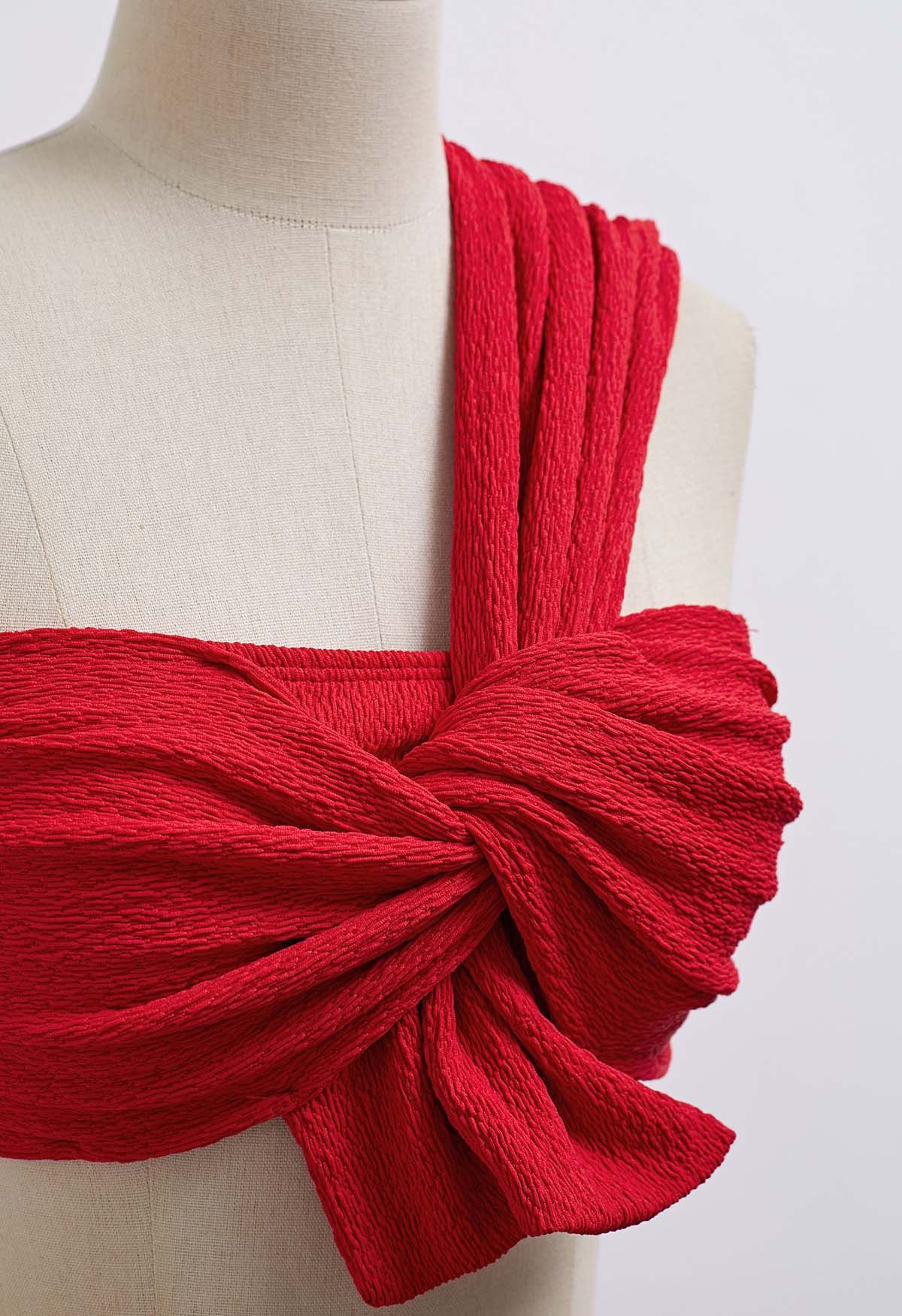 One-Shoulder Knotted Texture Bikini Set in Red