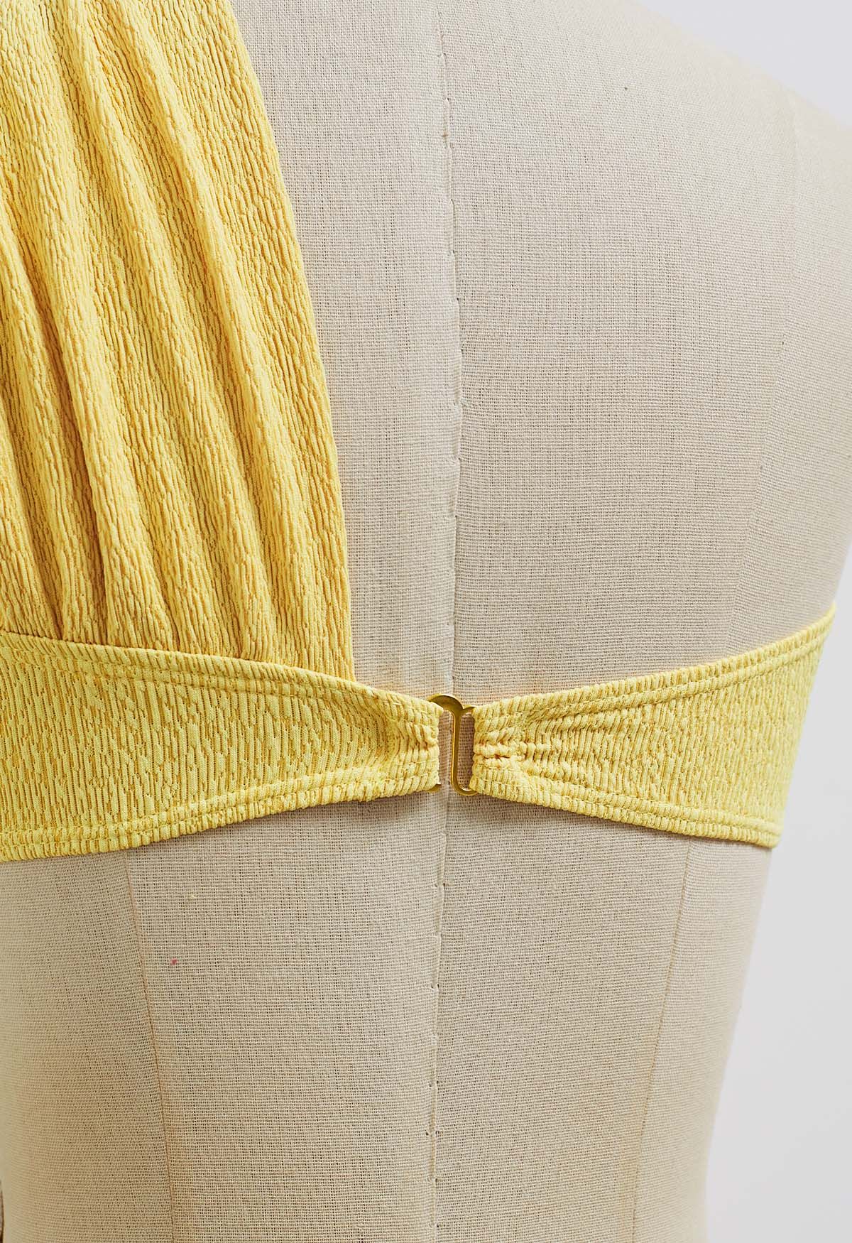 One-Shoulder Knotted Texture Bikini Set in Yellow