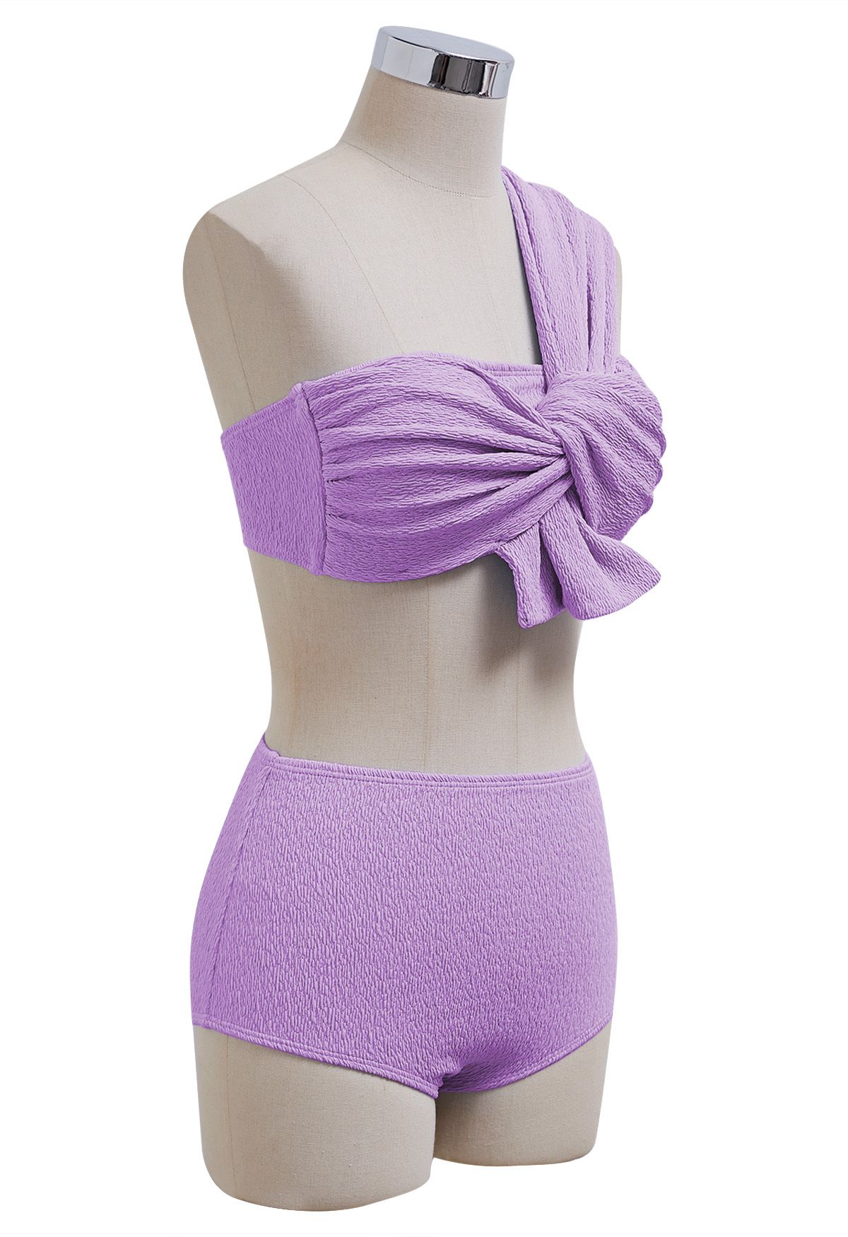 One-Shoulder Knotted Texture Bikini Set in Lilac