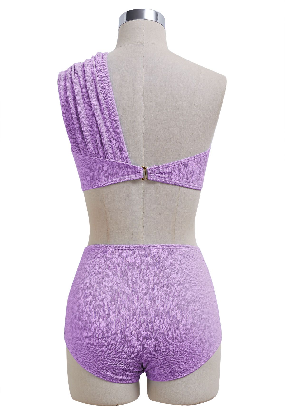 One-Shoulder Knotted Texture Bikini Set in Lilac