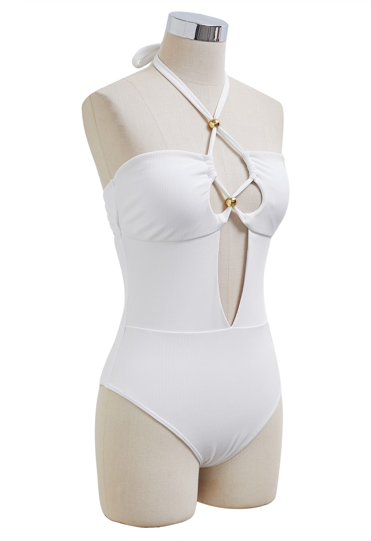 Solid White Halter Neck Cut Out Swimsuit