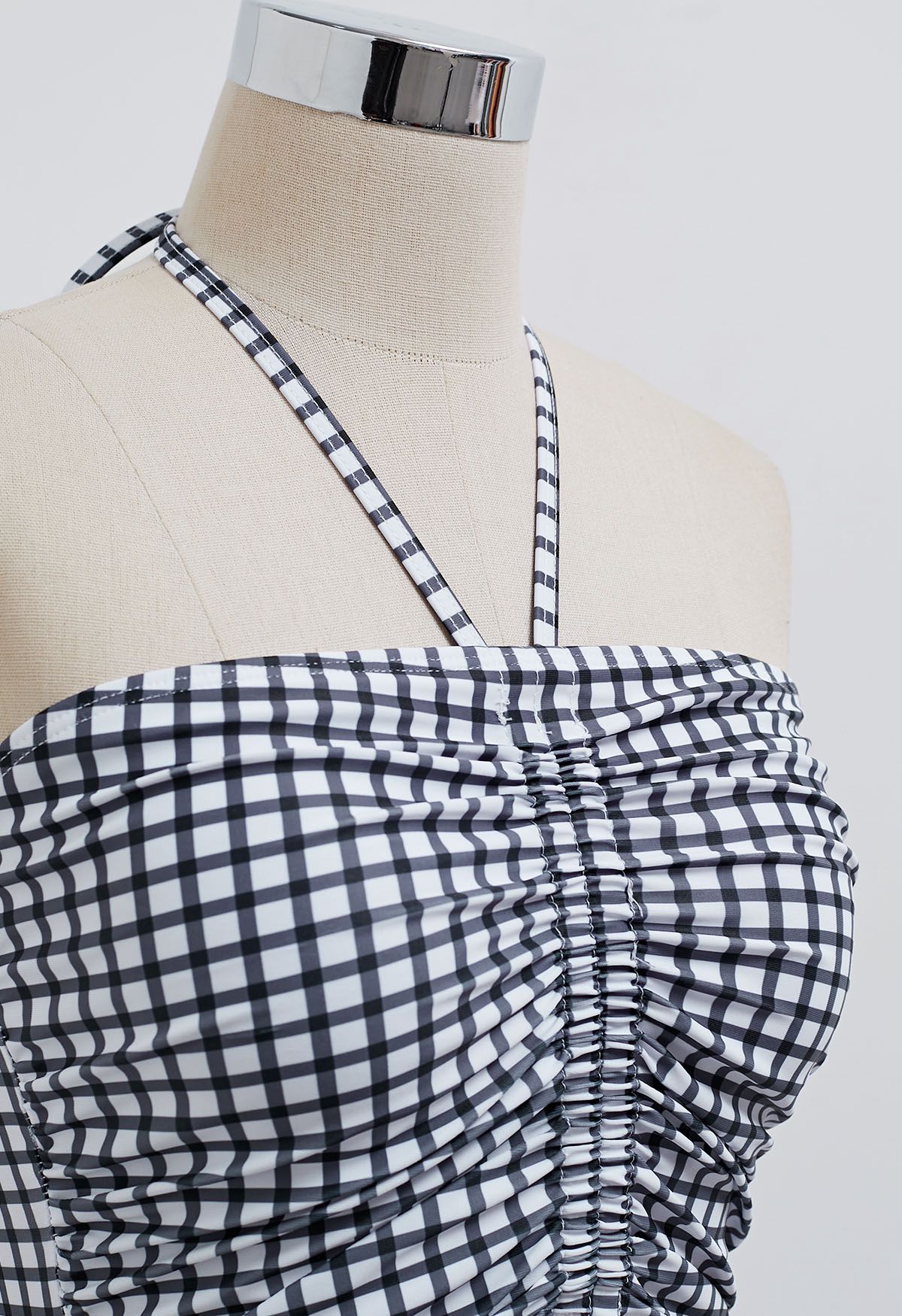 Gingham Drawstring Halter Neck Swimsuit in Black