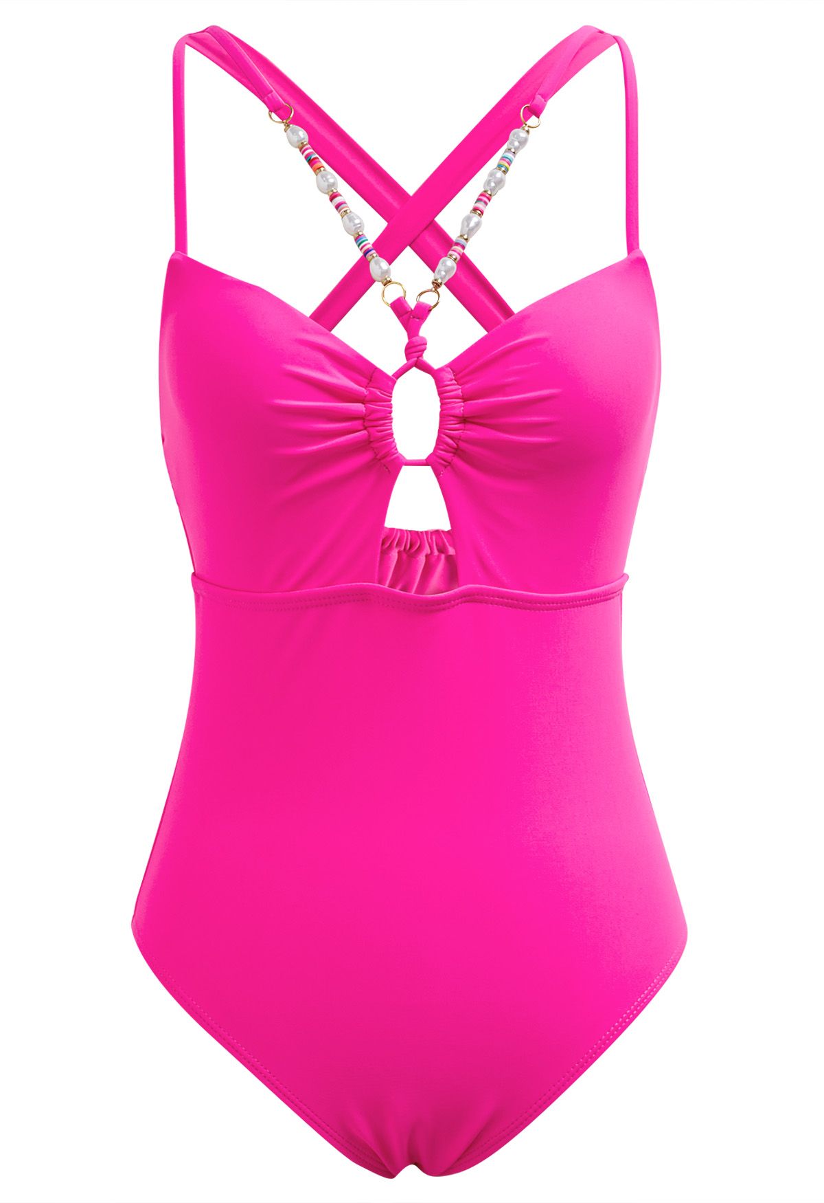 Hot Pink Beaded Trim Cut Out Swimsuit