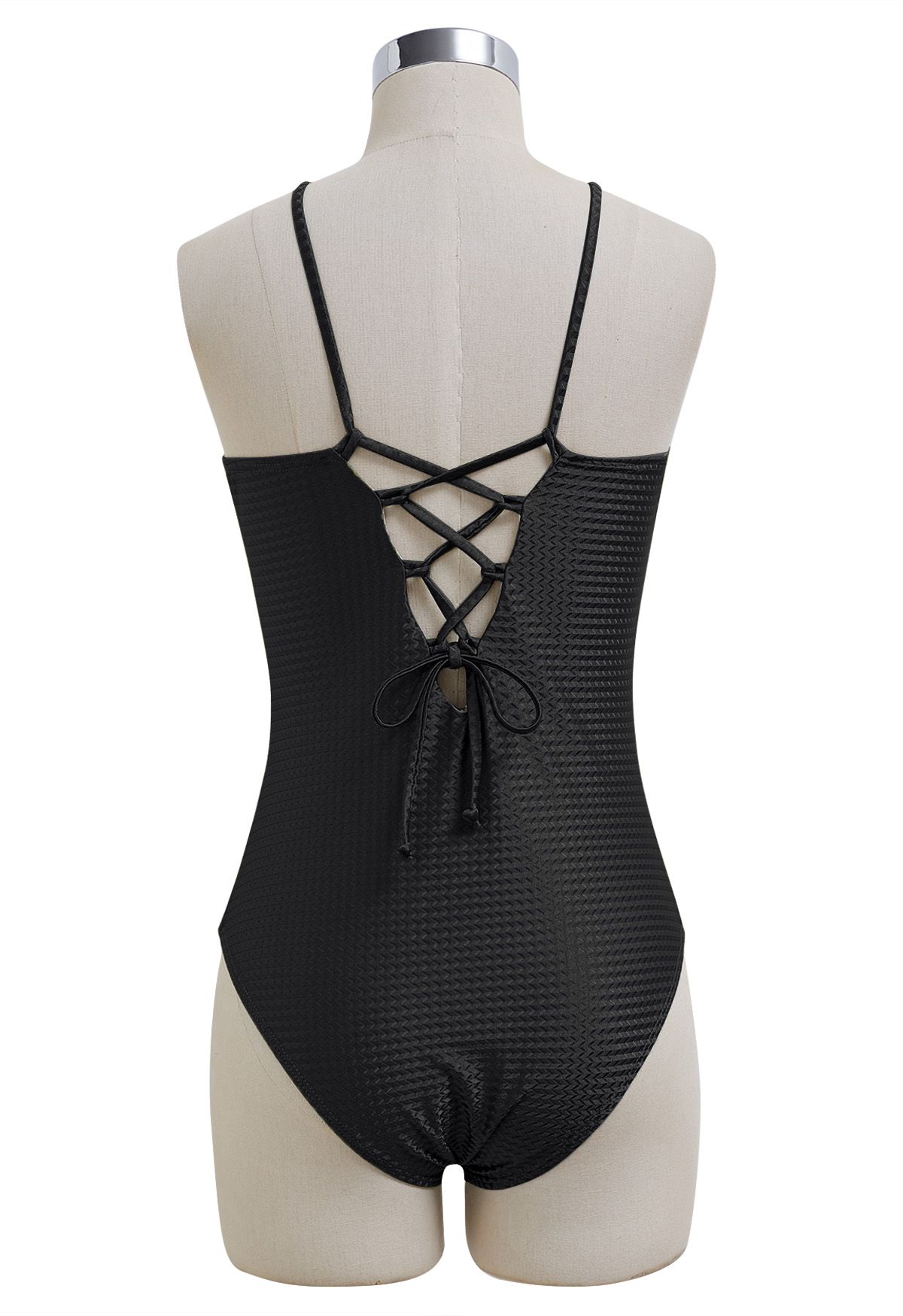 Resin Beads Halter Neck Texture Swimsuit in Black