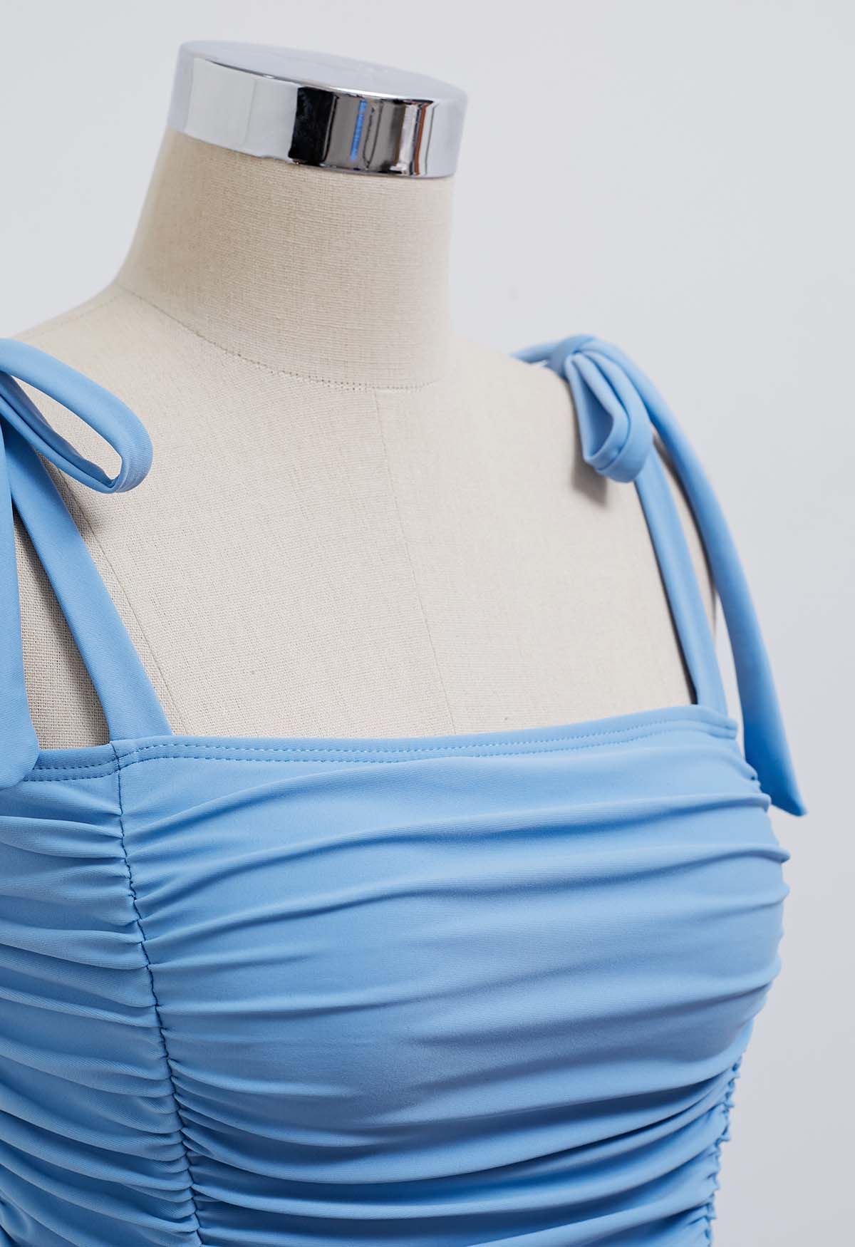 Full Ruched Tie-Shoulder Swimsuit in Dusty Blue