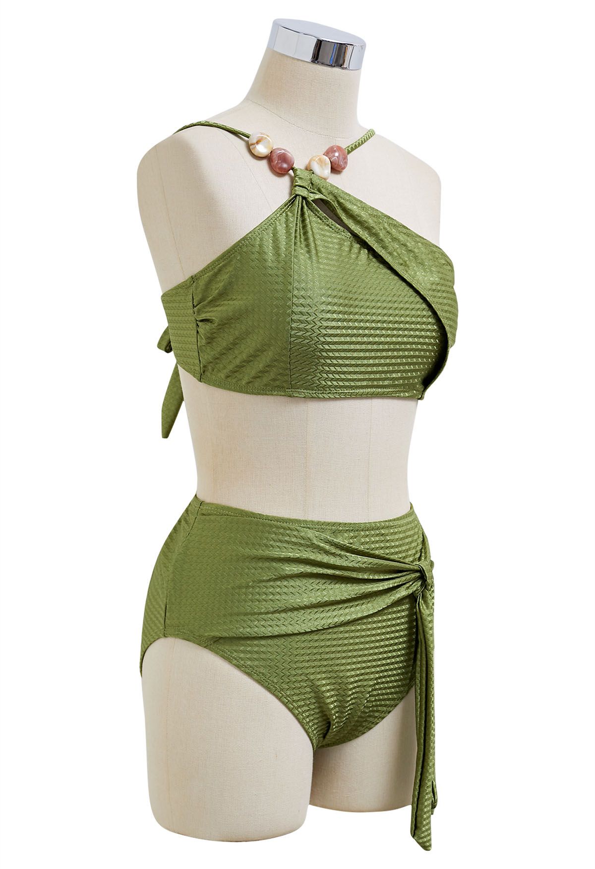 Resin Bead Asymmetric Straps Bowknot Bikini Set in Army Green