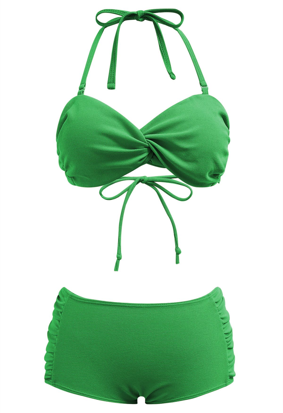 Twisted Detail Side Ruched Halter Bikini Set in Green