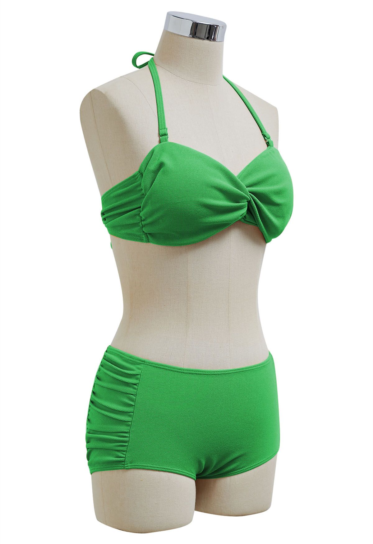 Twisted Detail Side Ruched Halter Bikini Set in Green