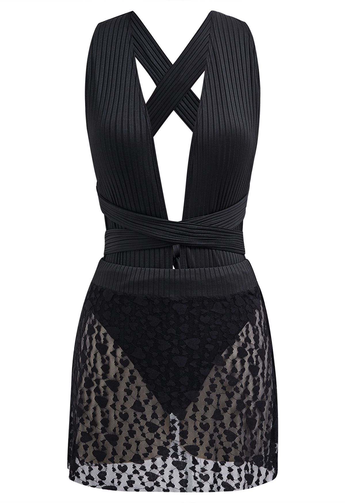 Stripe Texture Self-Tie Swimsuit and Mini Skirt Set in Black