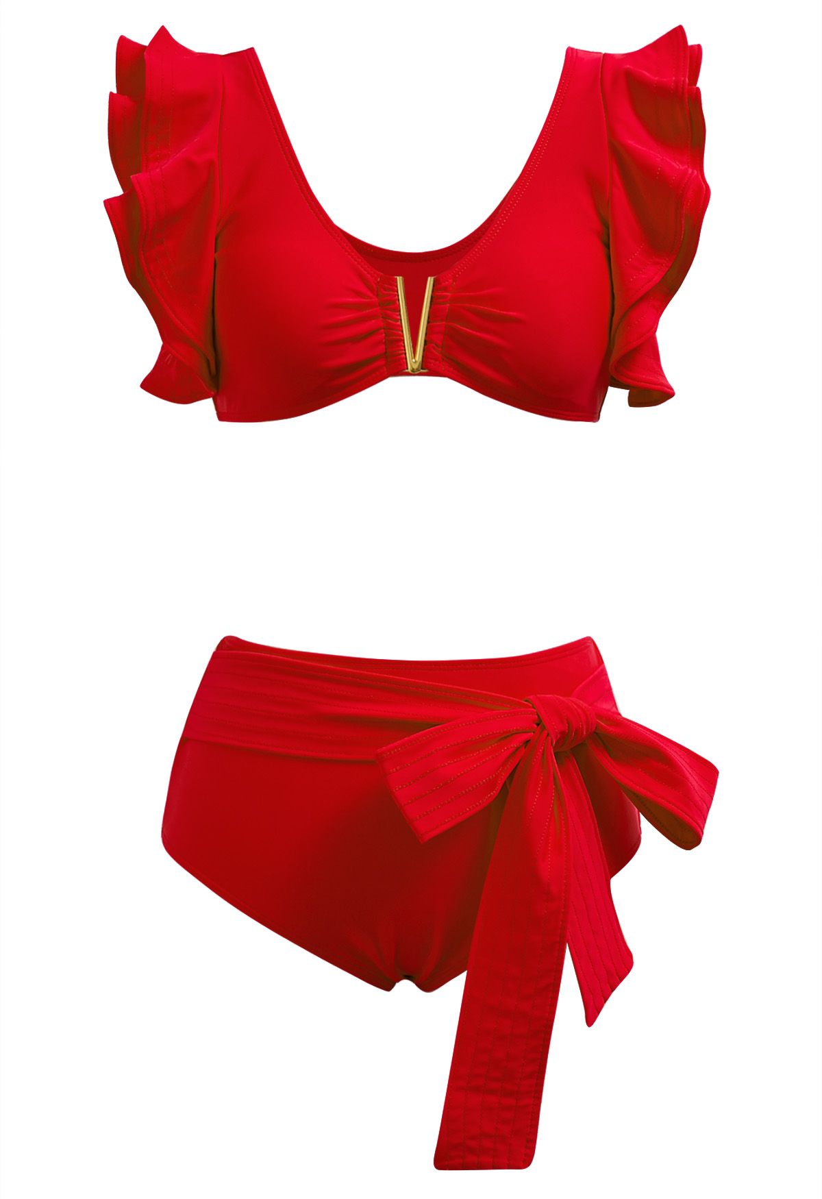 V-Shape Metal Trim Ruffle Bikini Set in Red