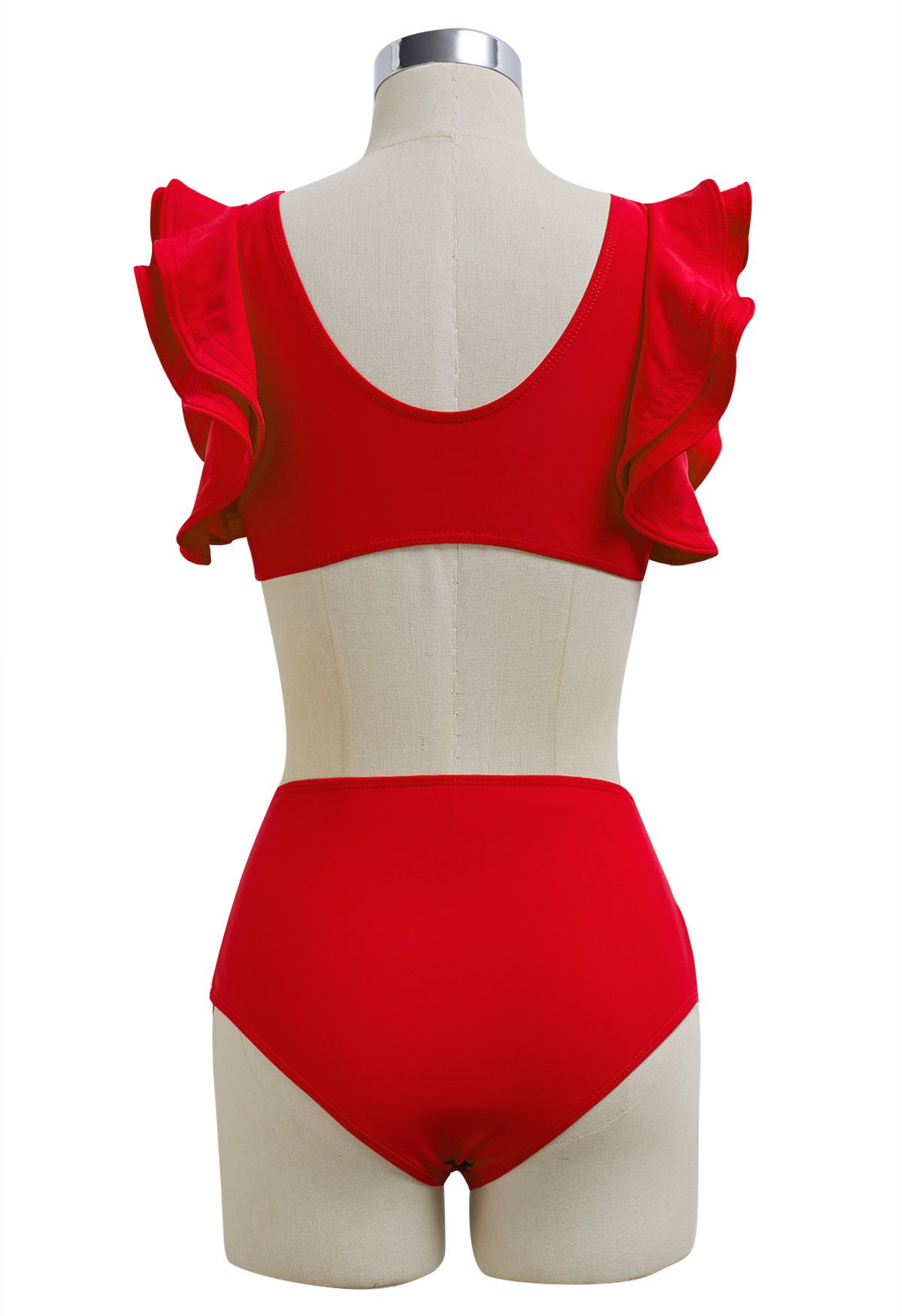 V-Shape Metal Trim Ruffle Bikini Set in Red