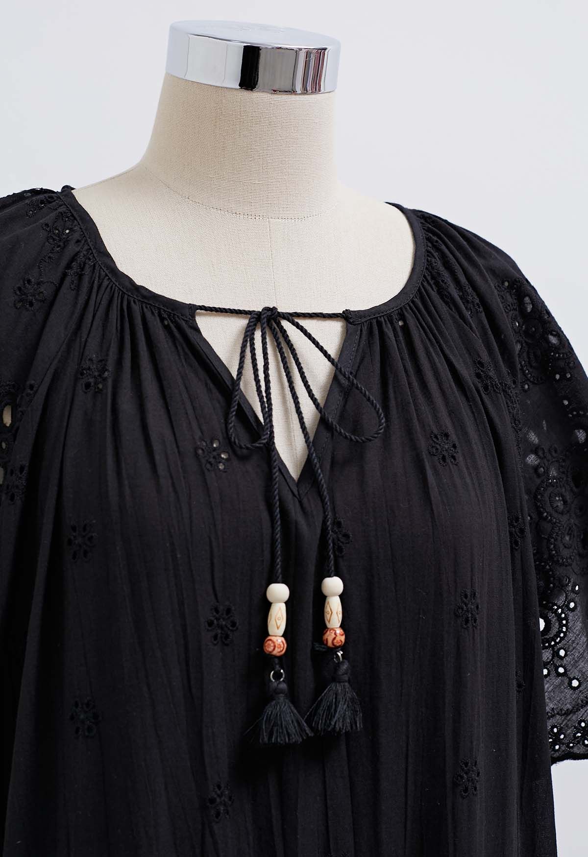 V-Neck Floral Embroidery Eyelet Dolly Dress in Black