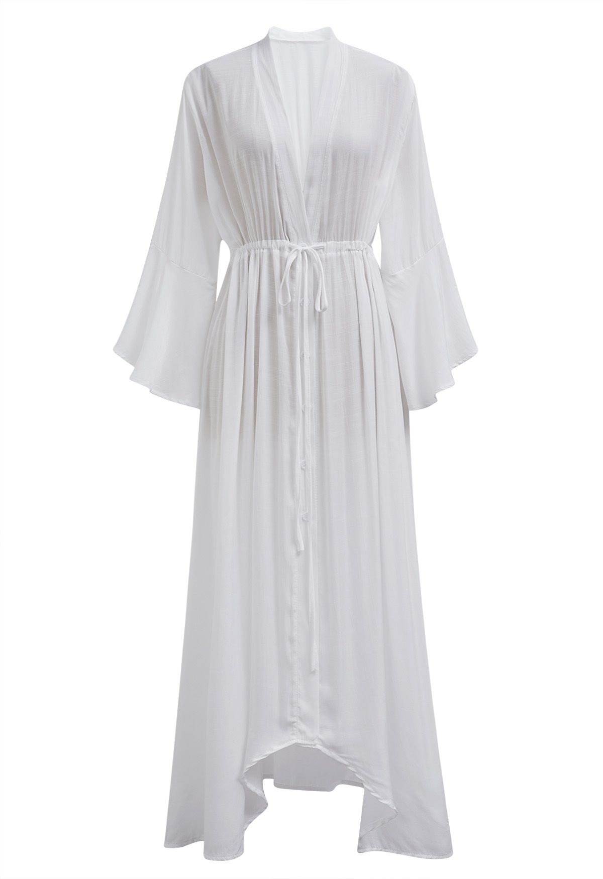 V-Neck Flounce Sleeves Button-Up Cover-Up in White