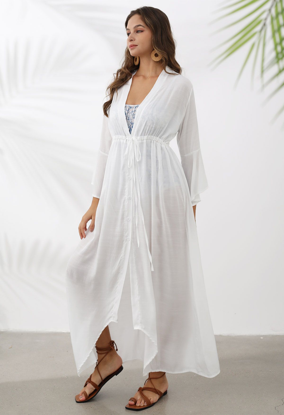 V-Neck Flounce Sleeves Button-Up Cover-Up in White