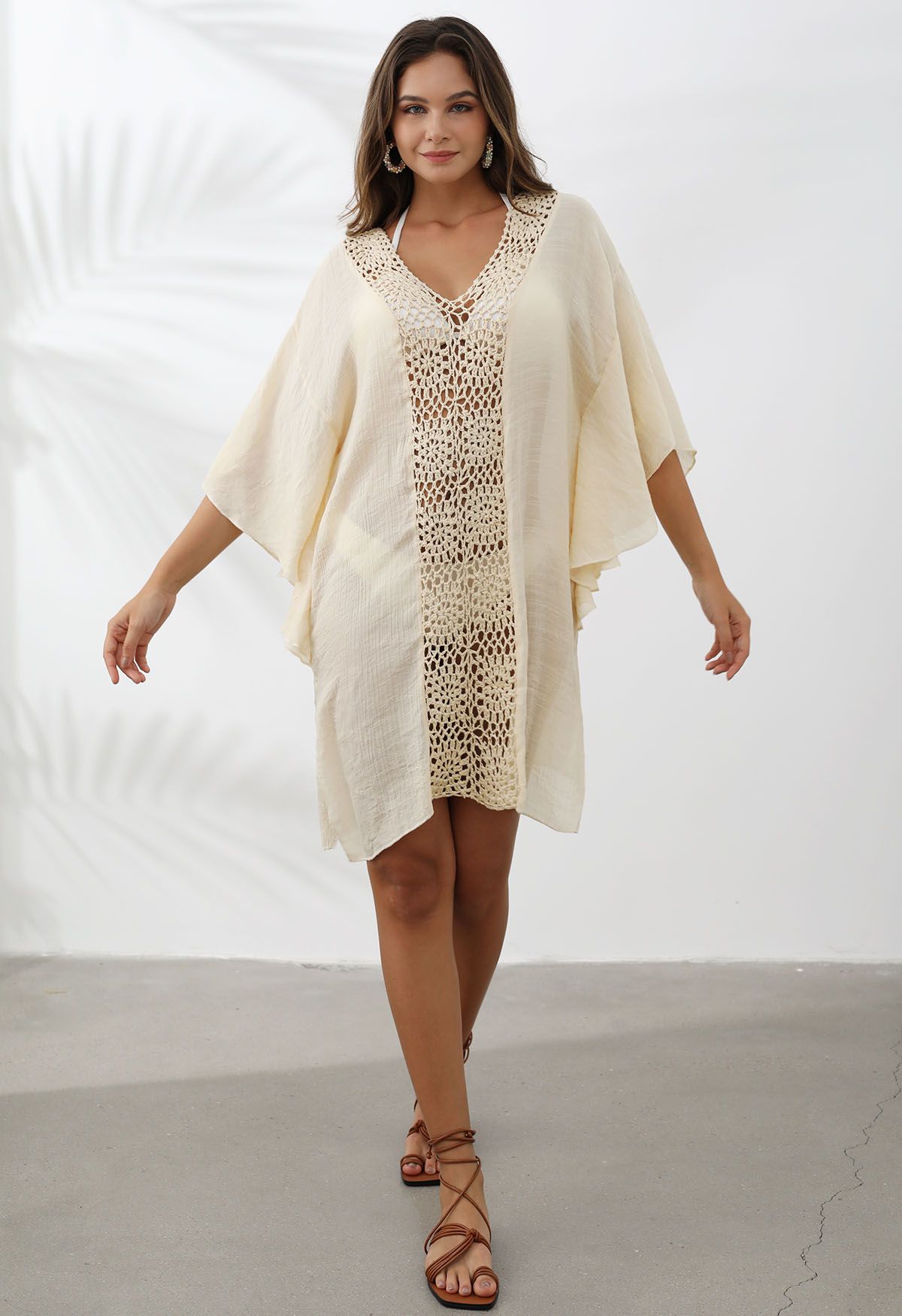 Batwing Sleeve Crochet Spliced Cover-Up Dress